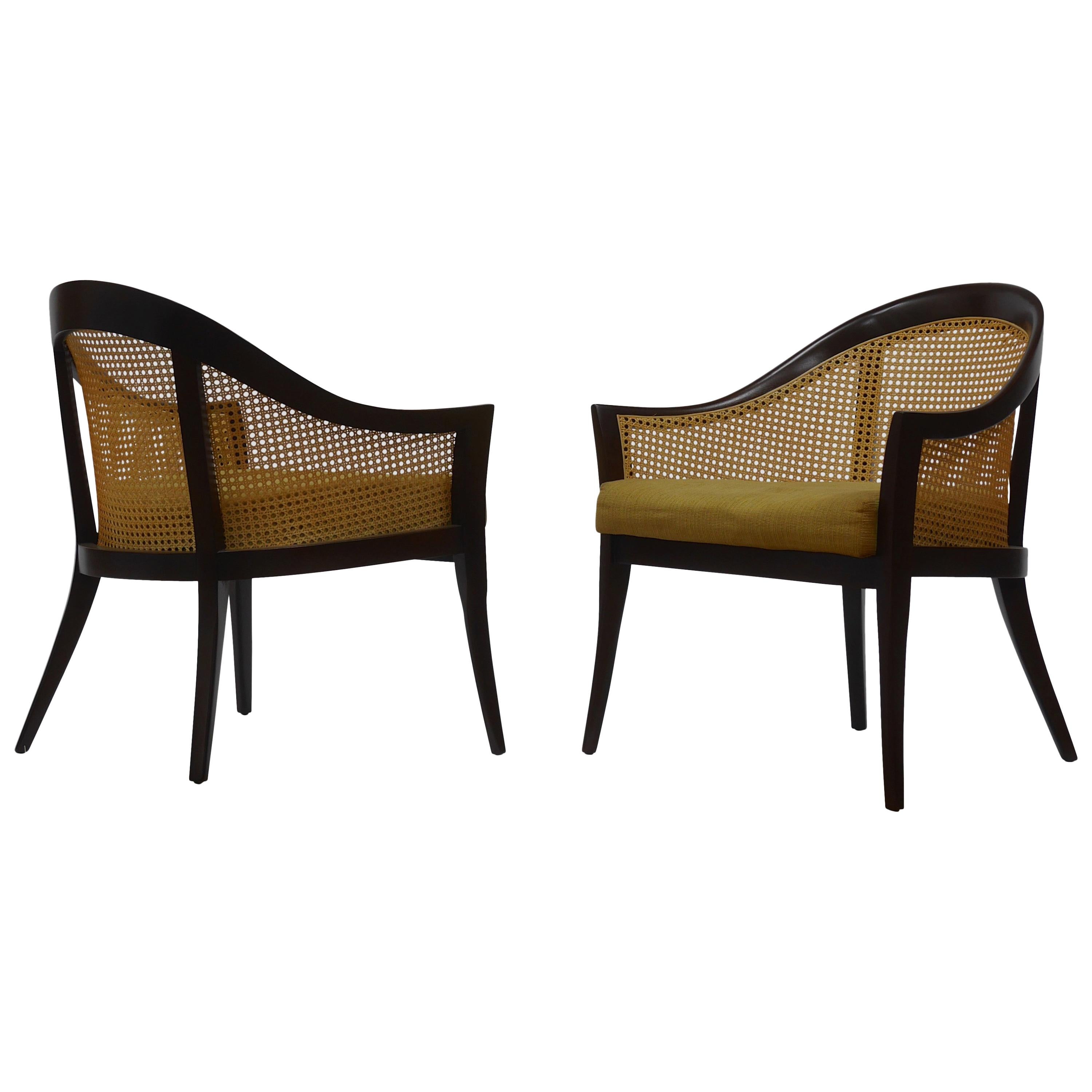 Elegant Lounge Chairs in Cane and Mahogany by Harvey Probber