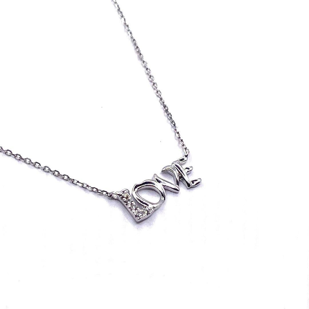 Elegant Love Script 14k White Gold Diamond Pendant Necklace In Good Condition For Sale In New York, NY