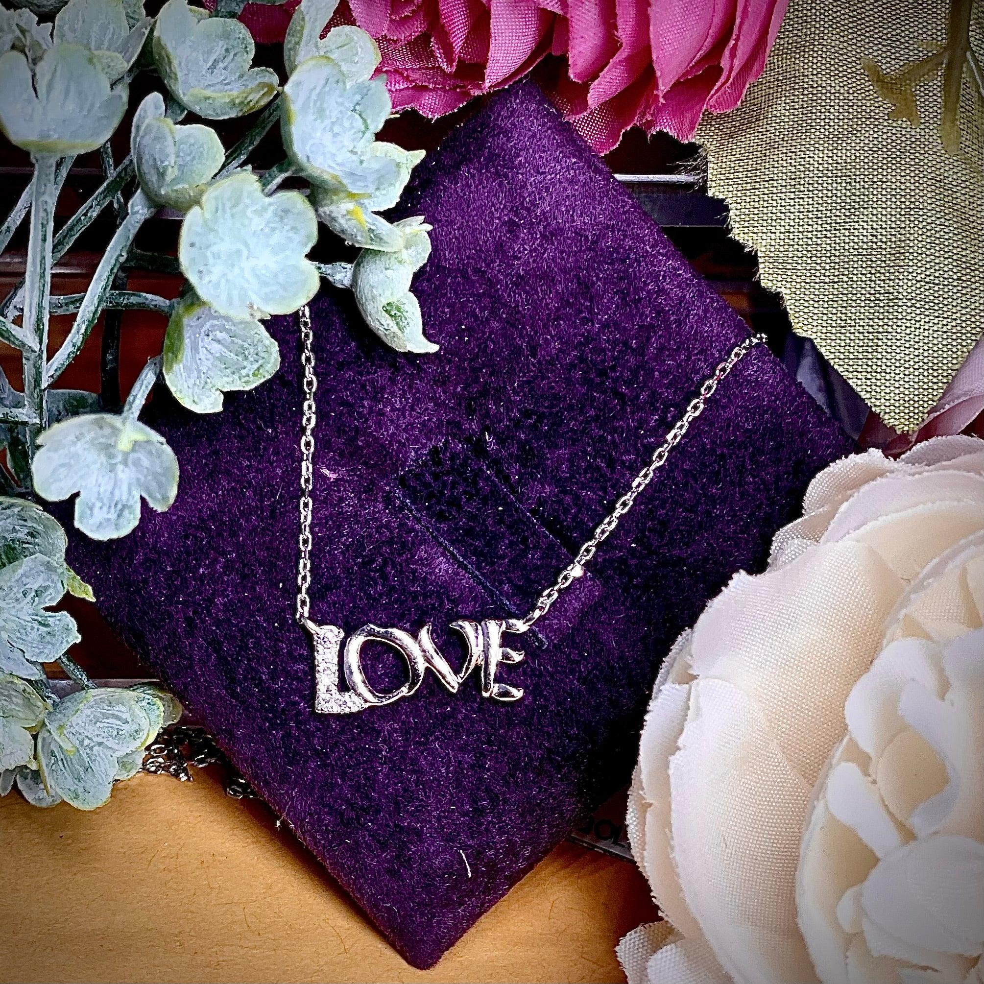 Women's Elegant Love Script 14k White Gold Diamond Pendant Necklace For Sale