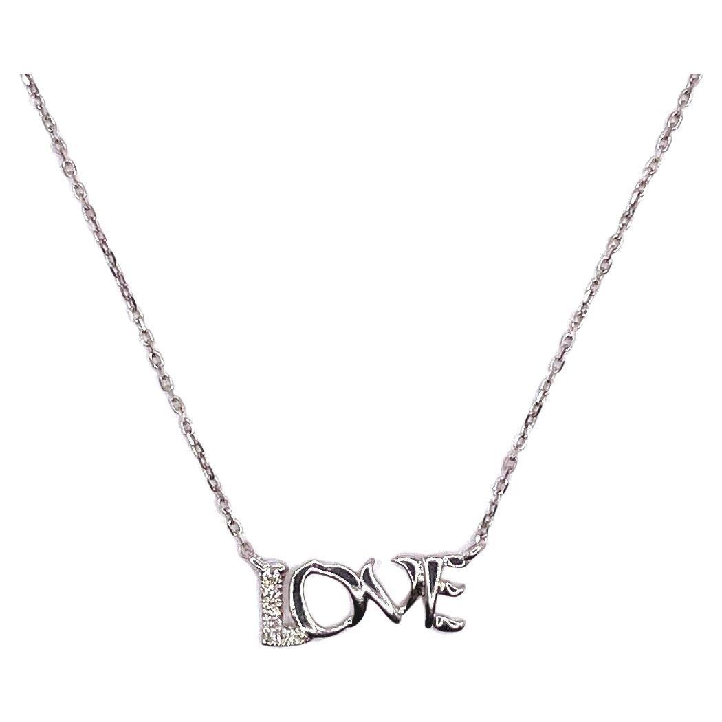 Elegant Love Script 14k White Gold Diamond Pendant Necklace For Sale