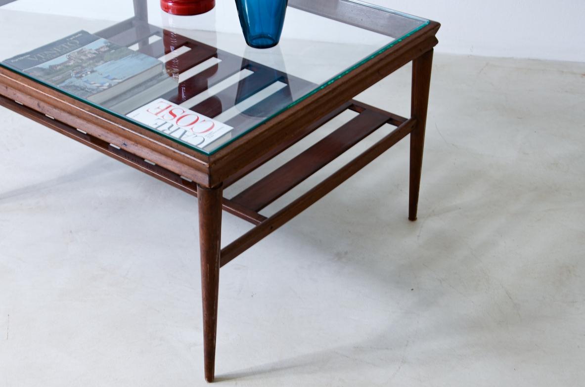 Mid-Century Modern Elegant Low Table in Polished Wood with Ground Glass Top and Slatted Shelf For Sale