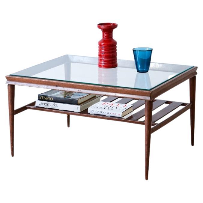 Elegant Low Table in Polished Wood with Ground Glass Top and Slatted Shelf