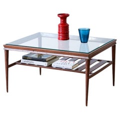 Used Elegant Low Table in Polished Wood with Ground Glass Top and Slatted Shelf