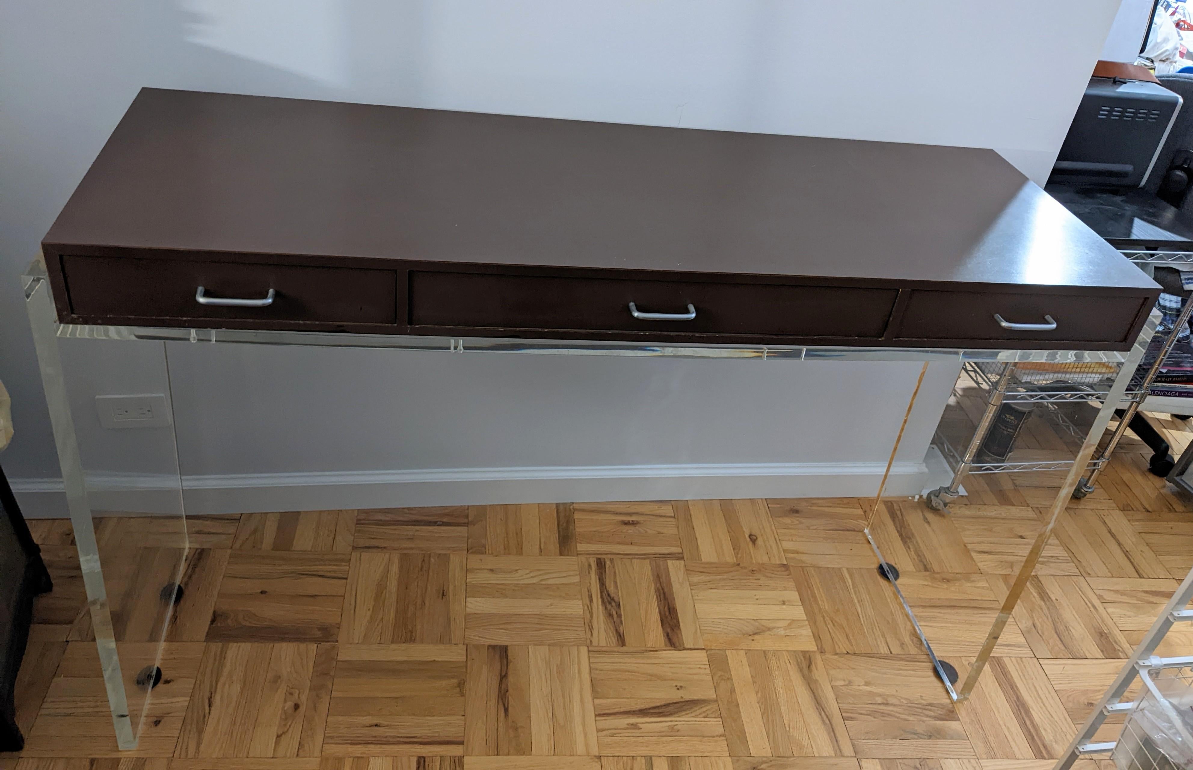 Mid-Century Modern Elegant Lucite and Chocolate Lacquer Drawer Console For Sale