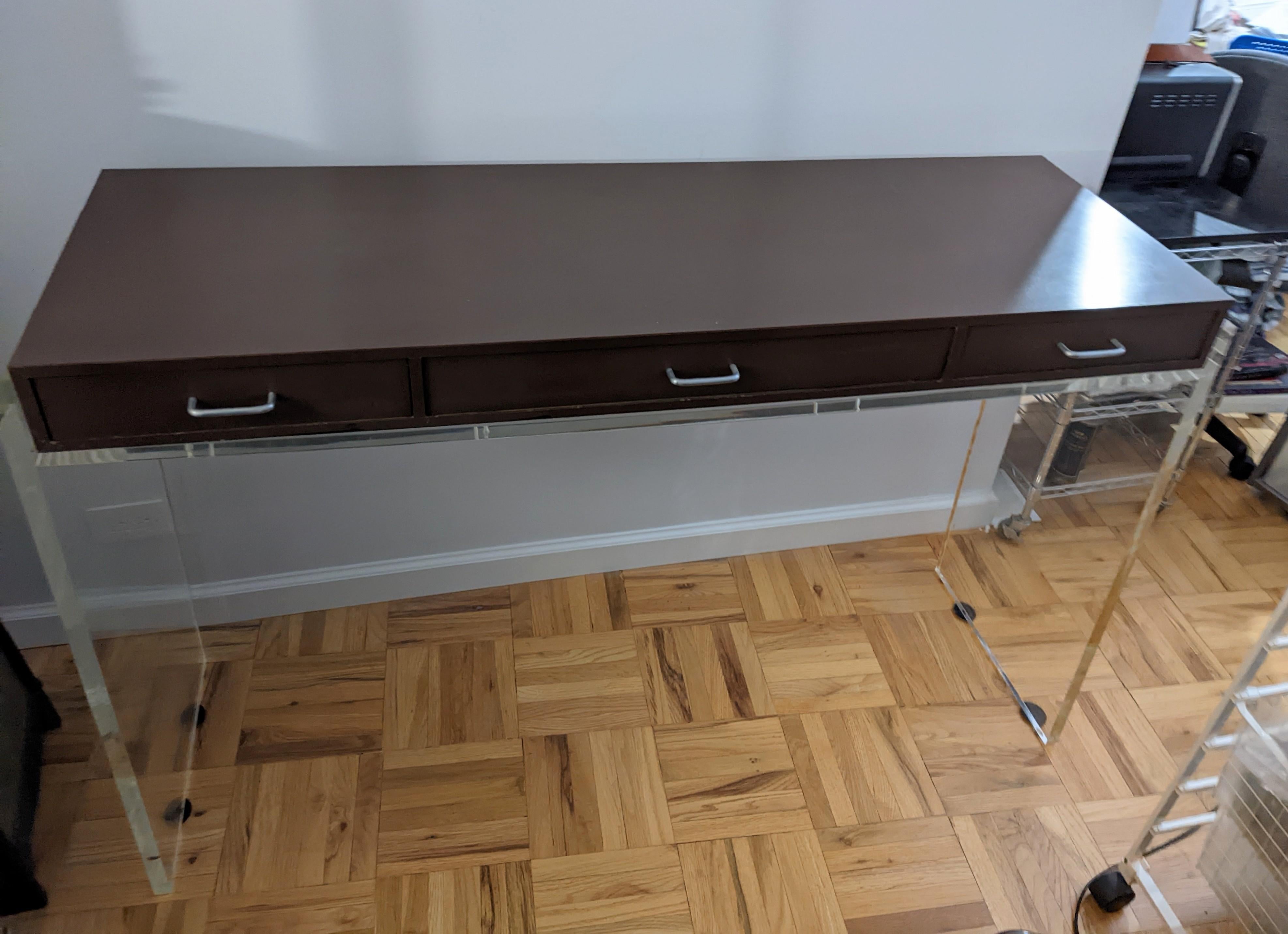 American Elegant Lucite and Chocolate Lacquer Drawer Console For Sale