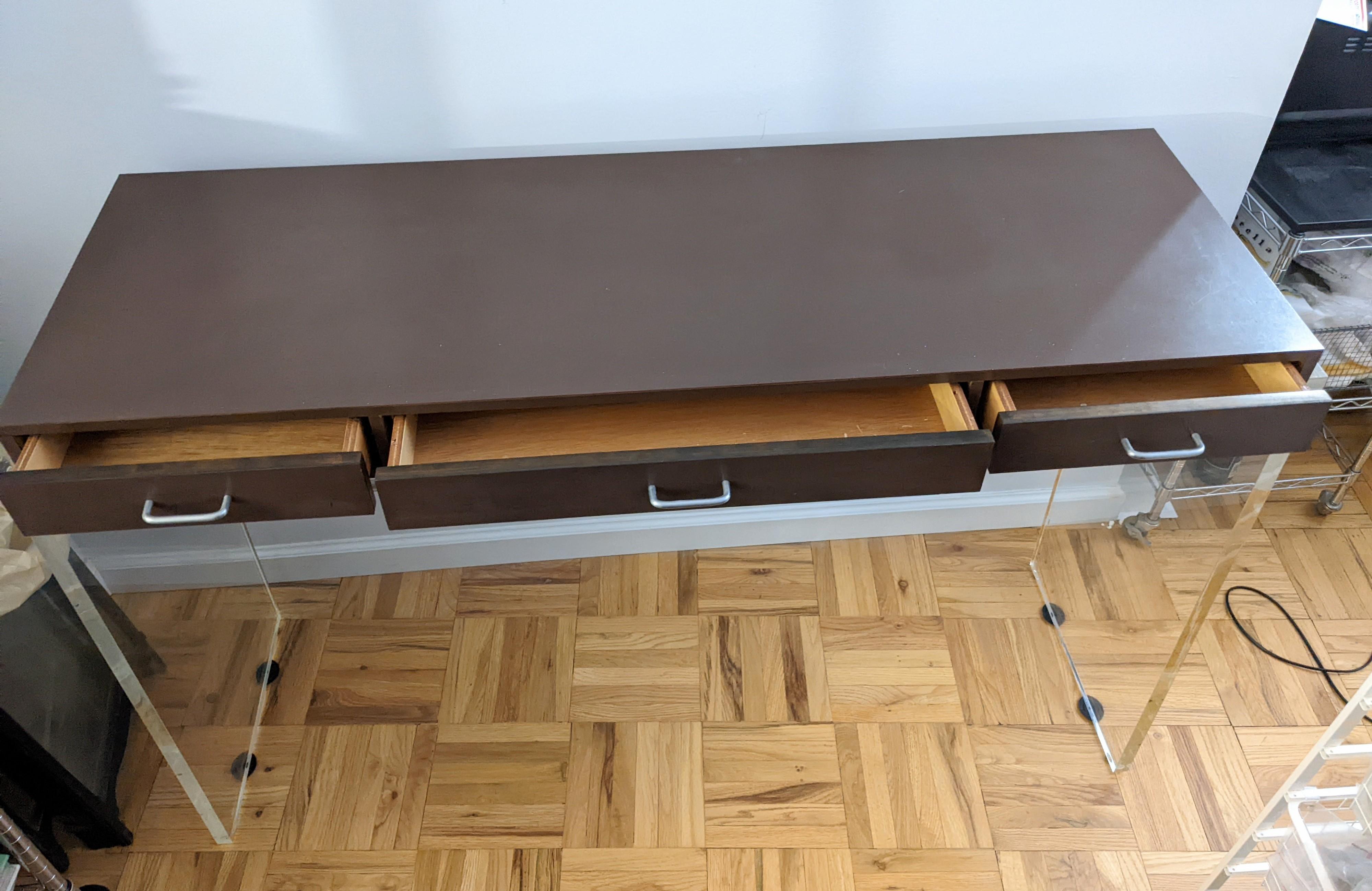 Elegant Lucite and Chocolate Lacquer Drawer Console In Good Condition For Sale In Riverdale, NY