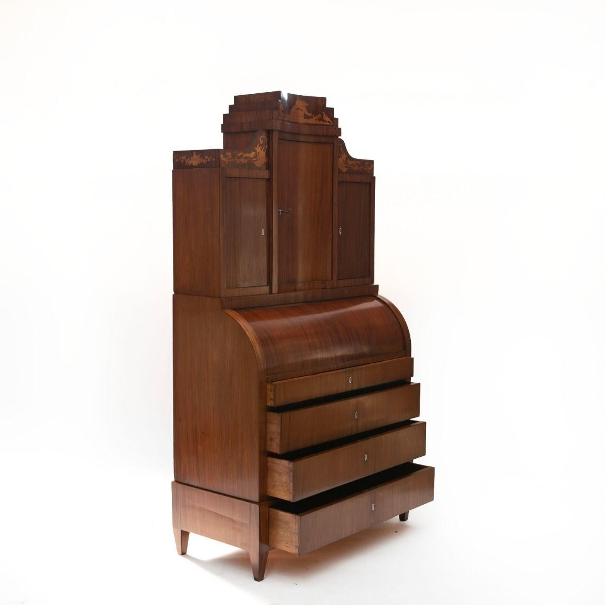 Danish Elegant Mahogany Empire Secretary Desk with Satinwood Intarsia For Sale