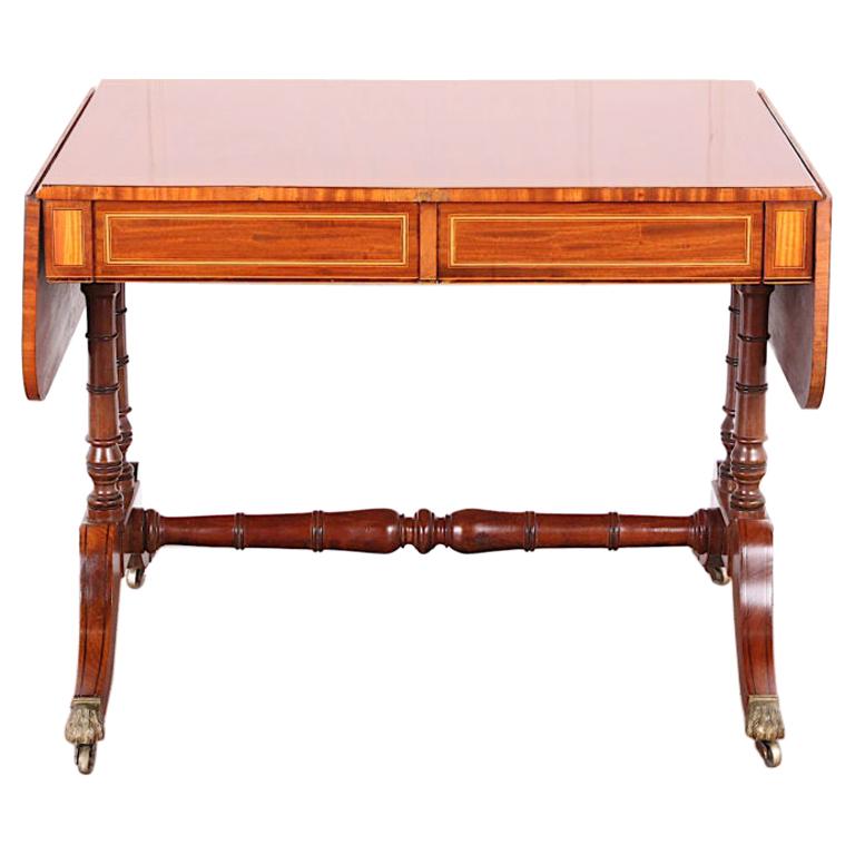 Elegant Mahogany Inlaid Sofa Table on Saber Legs from Paris, C.1860