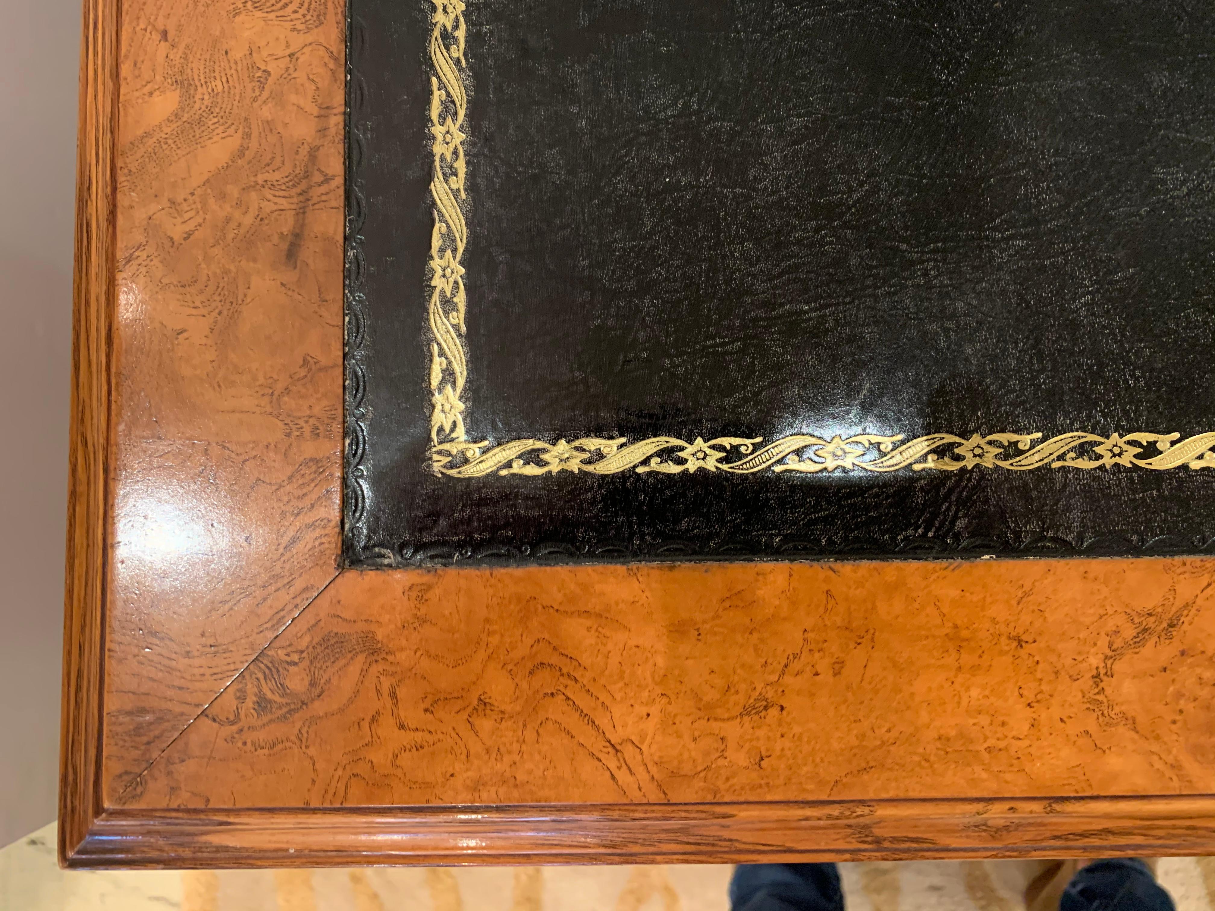 Elegant Mahogany Vintage Writing Desk with Black Leather Top 6