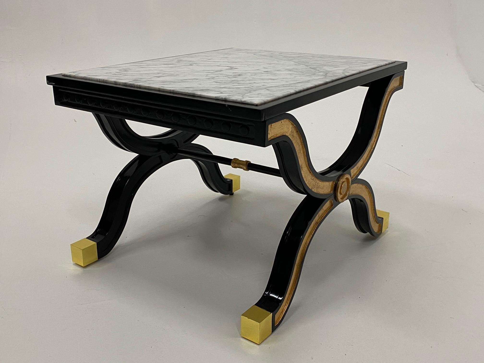 Hollywood Regency Elegant Maison Jansen Ebonized and Gilded End Table with Marble Top