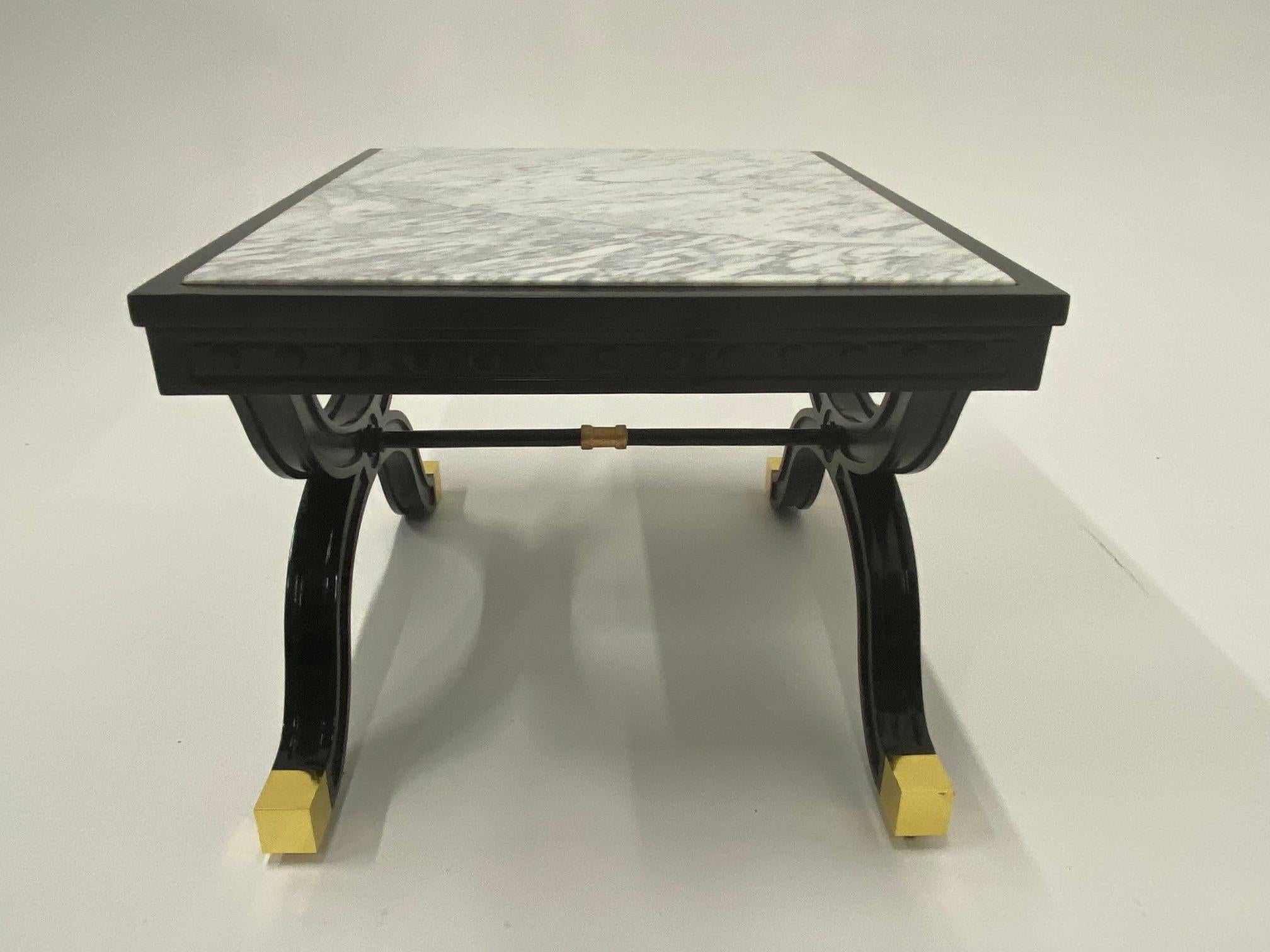 Argentine Elegant Maison Jansen Ebonized and Gilded End Table with Marble Top