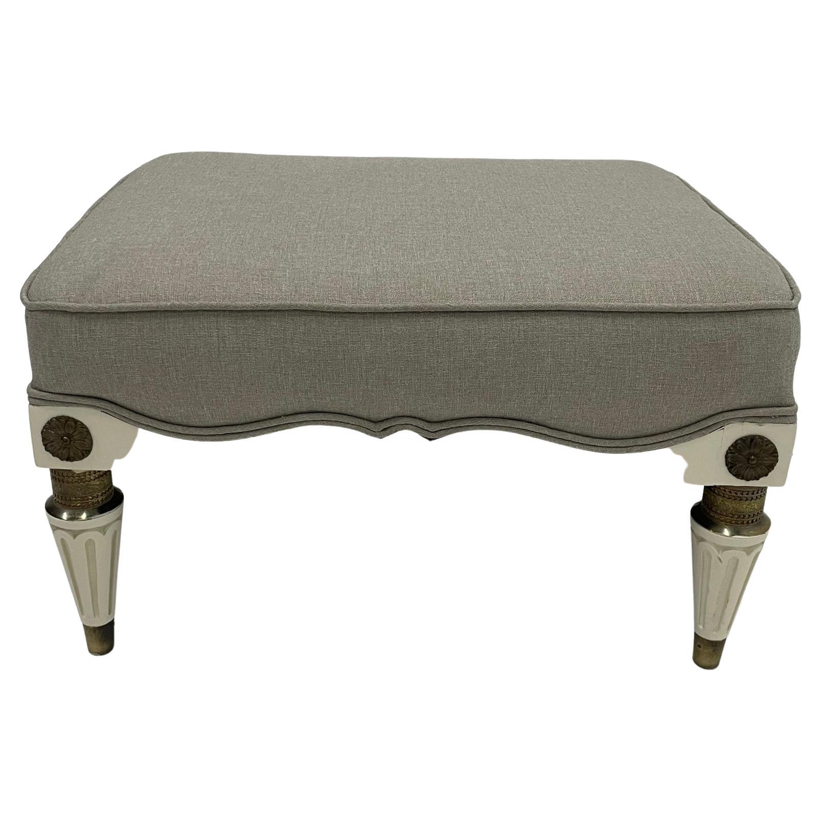 Elegant Maison Jansen White Lacquer and Brass Ottoman with Linen Upholstery