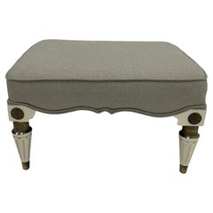 Elegant Maison Jansen White Lacquer and Brass Ottoman with Linen Upholstery