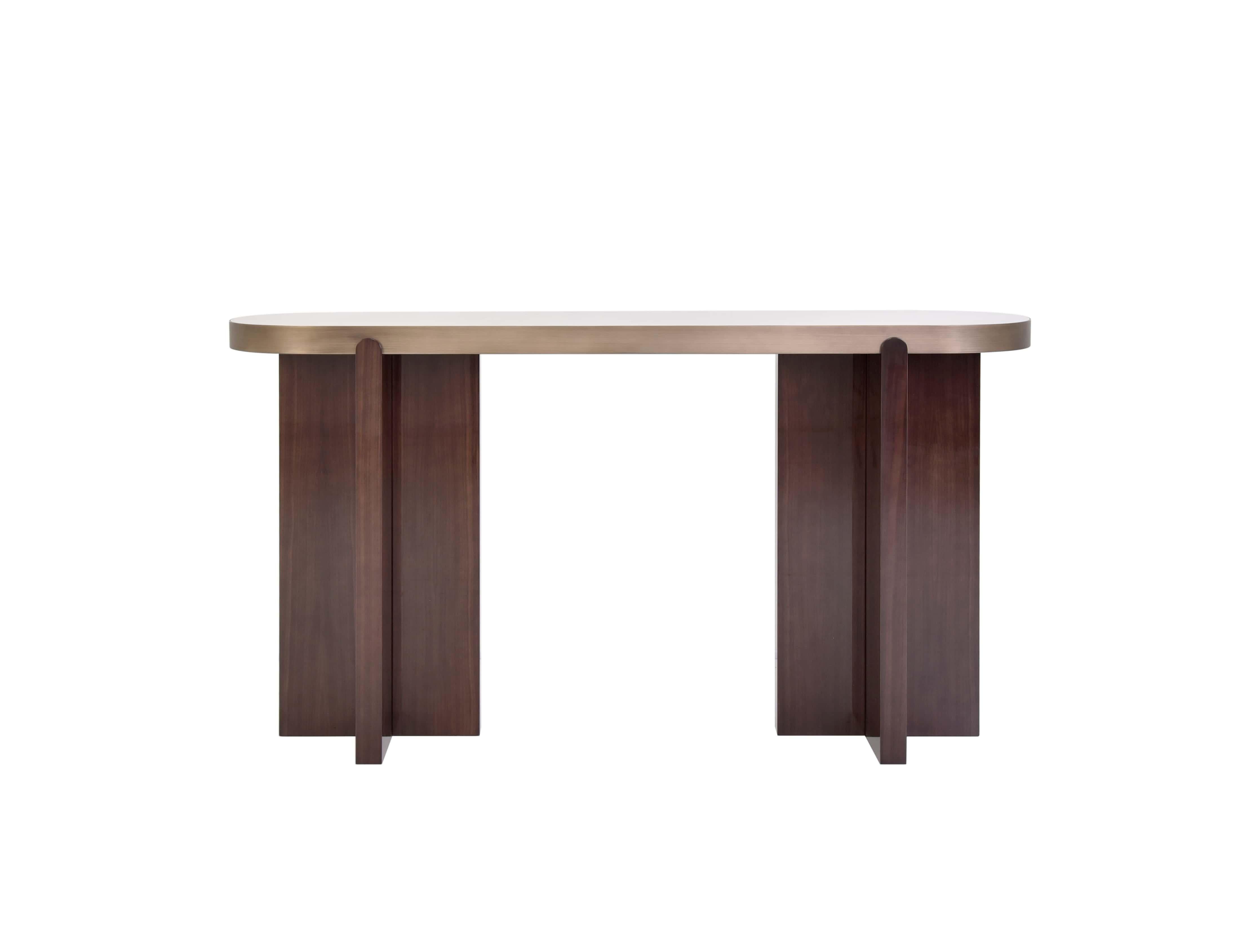 This sophisticated console table combines luxury and minimalism. Featuring a sleek marble top framed with a brushed brass edge, the table exudes timeless elegance. The warm, rich wood legs complement the contemporary design, creating a striking