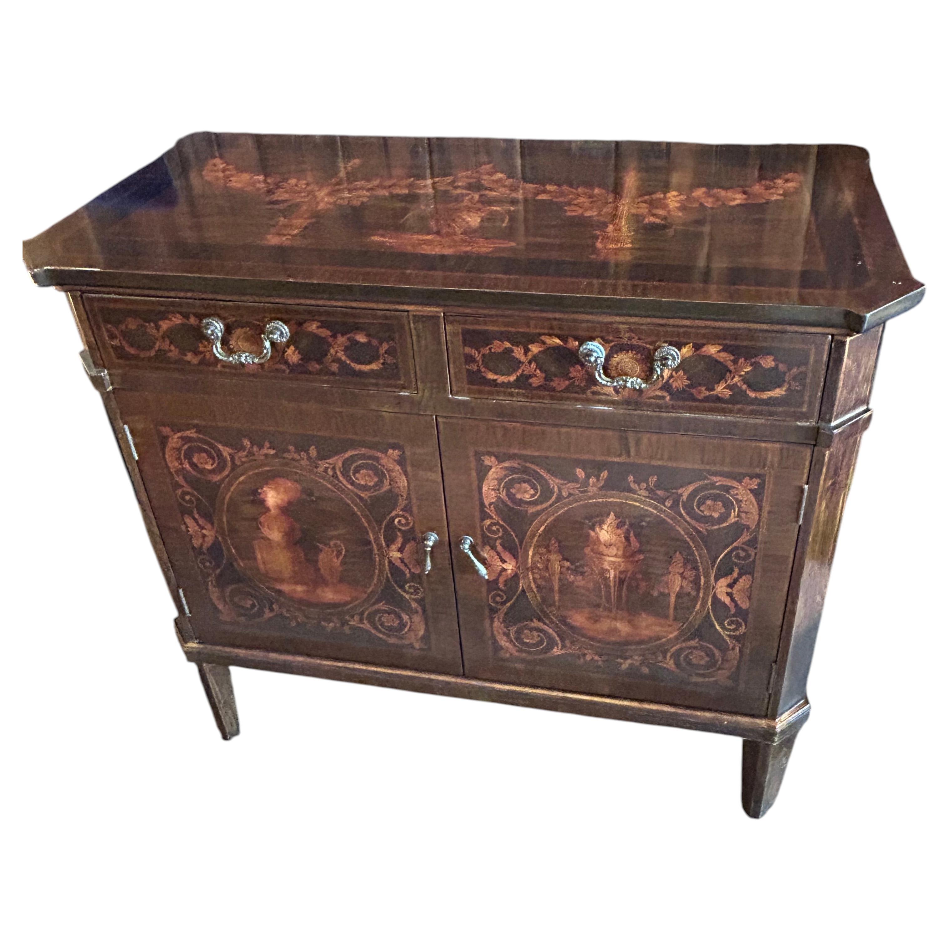 Elegant Marquetry Style Neoclassical Cabinet Console