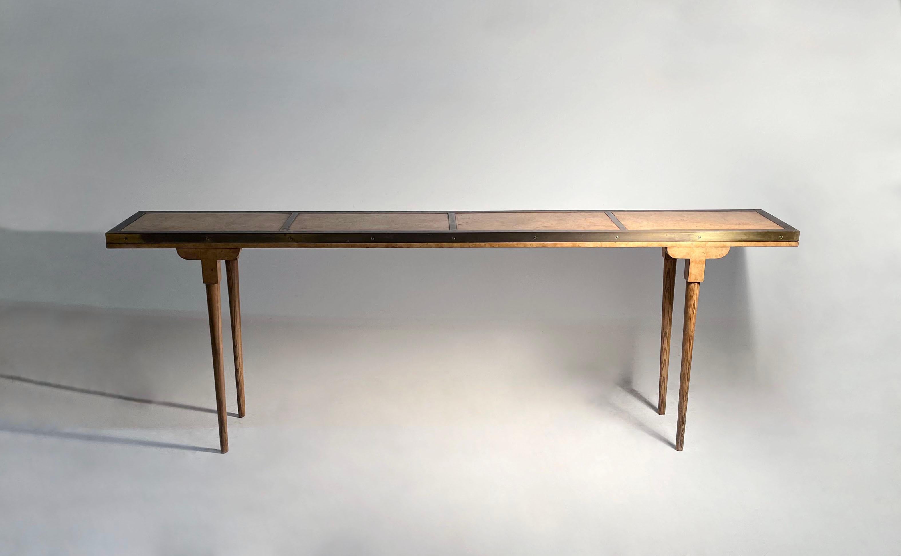 Elegant Mastercraft Burl & Brass Slender Console. Unusual slim size. 

Please request additional photos. Brass has overall wear and patina. 