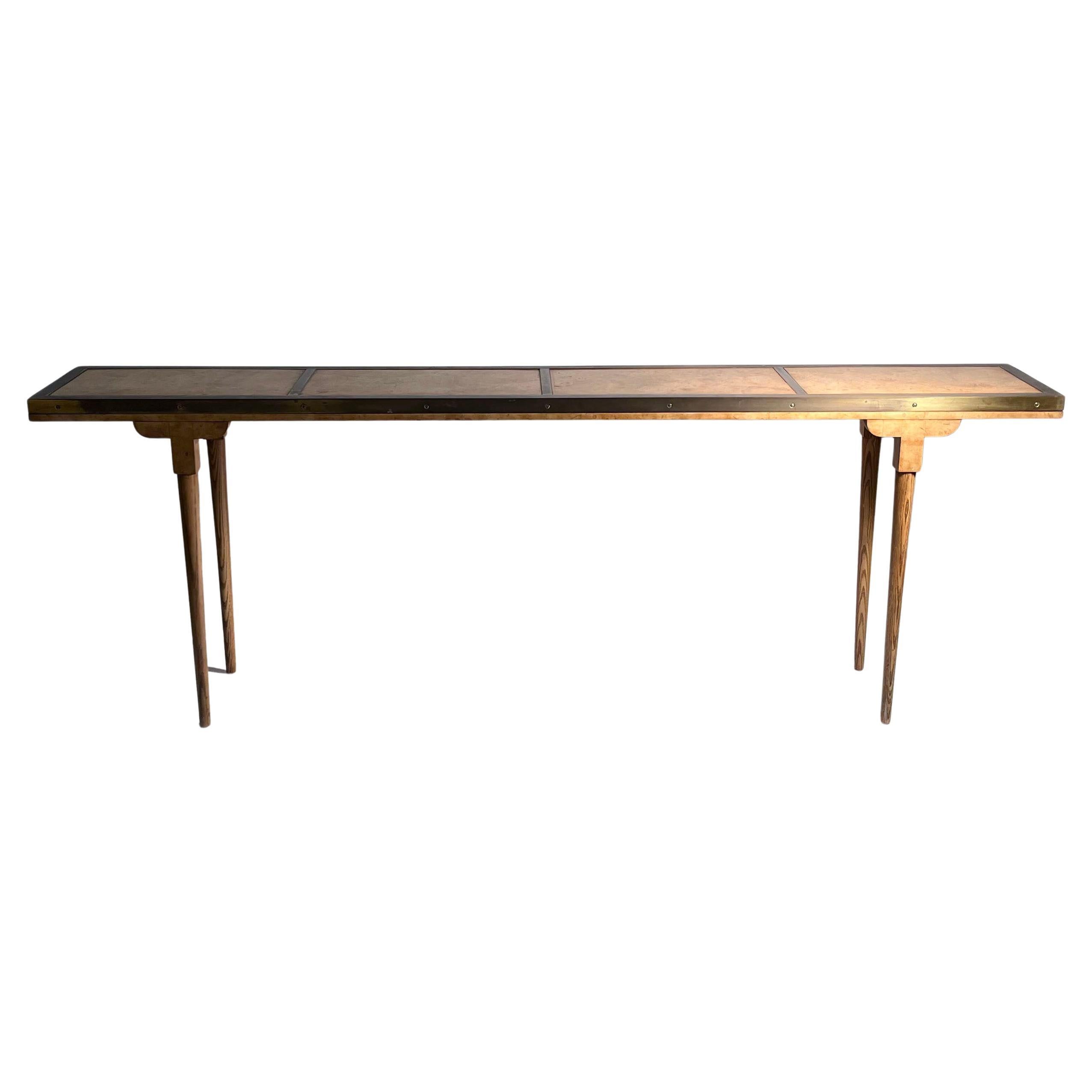 Elegant Mastercraft Burl & Brass Slender Console in vendita