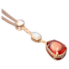 Elegant Mexican Egg Fire Opal & Australian Opal Diamond Necklace 18K Yellow Gold