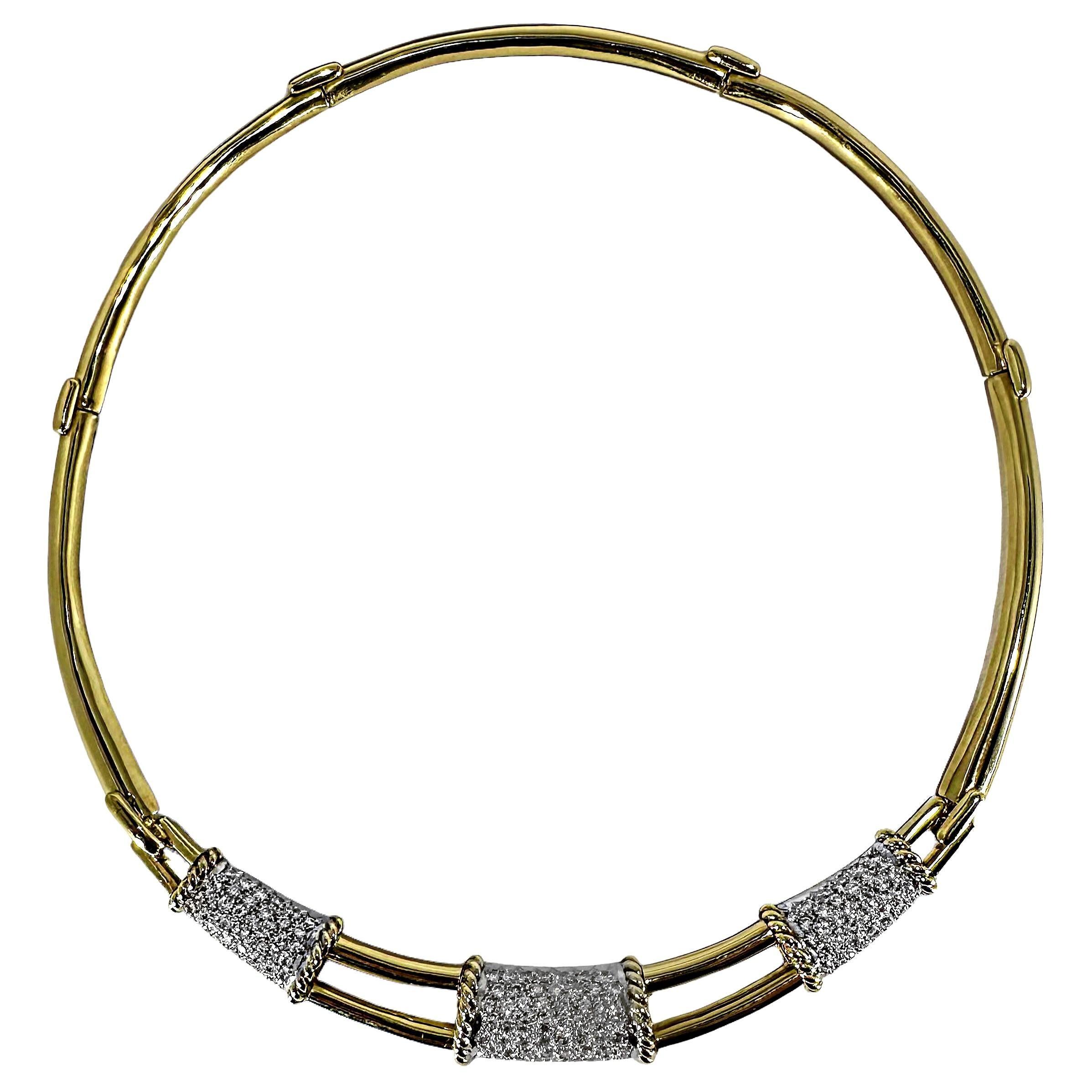 This striking, 18K yellow gold and diamond, Mid-20th Century cocktail necklace is ideal for either daytime or evening wear. At a maximum width of 1/2 inch at the very front, it is not overwhelming nor is it diminutive. It is deftly crafted with