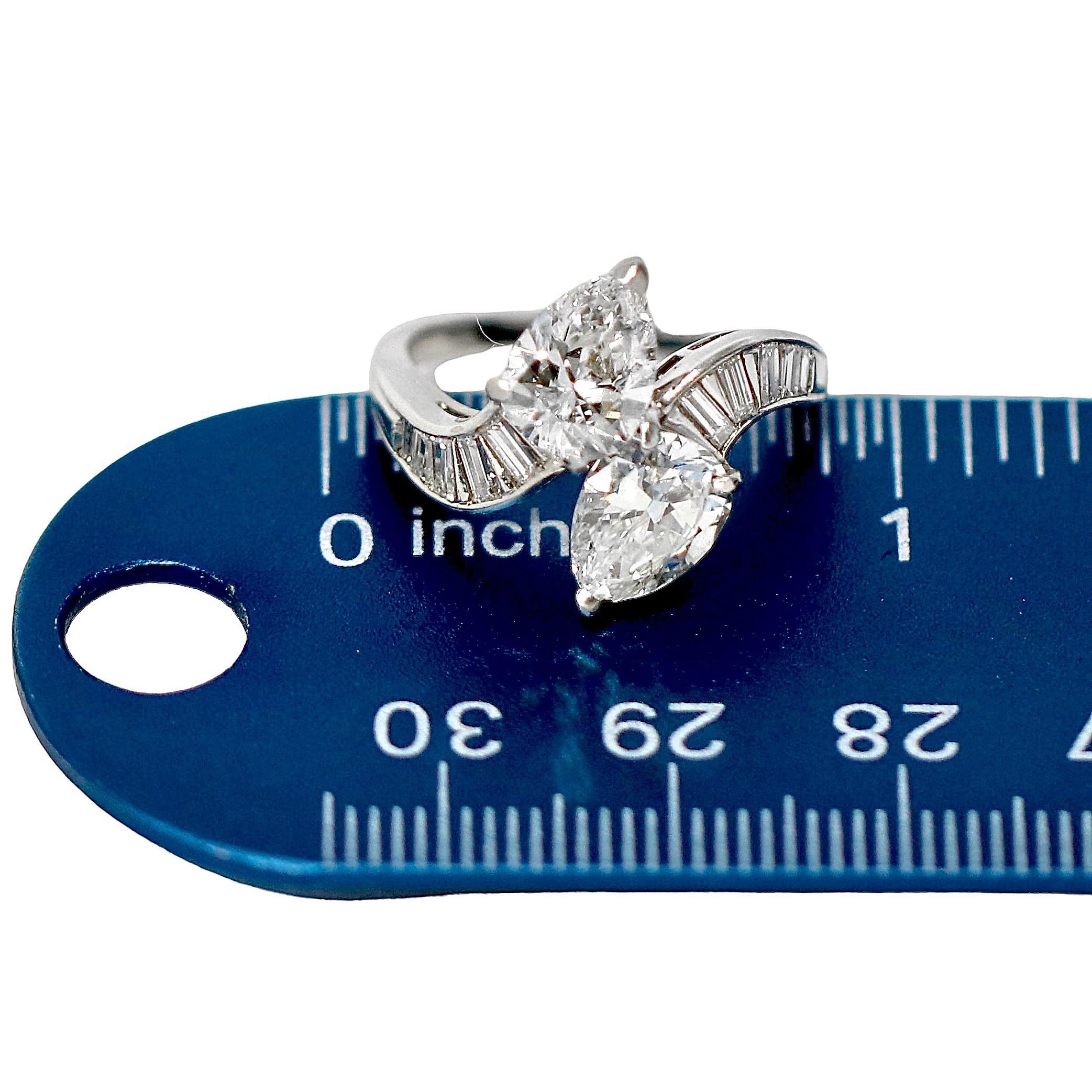 Elegant Mid-20th Century Bypass Ring of E Color VS1 Clarity Pear Shape Diamonds 6