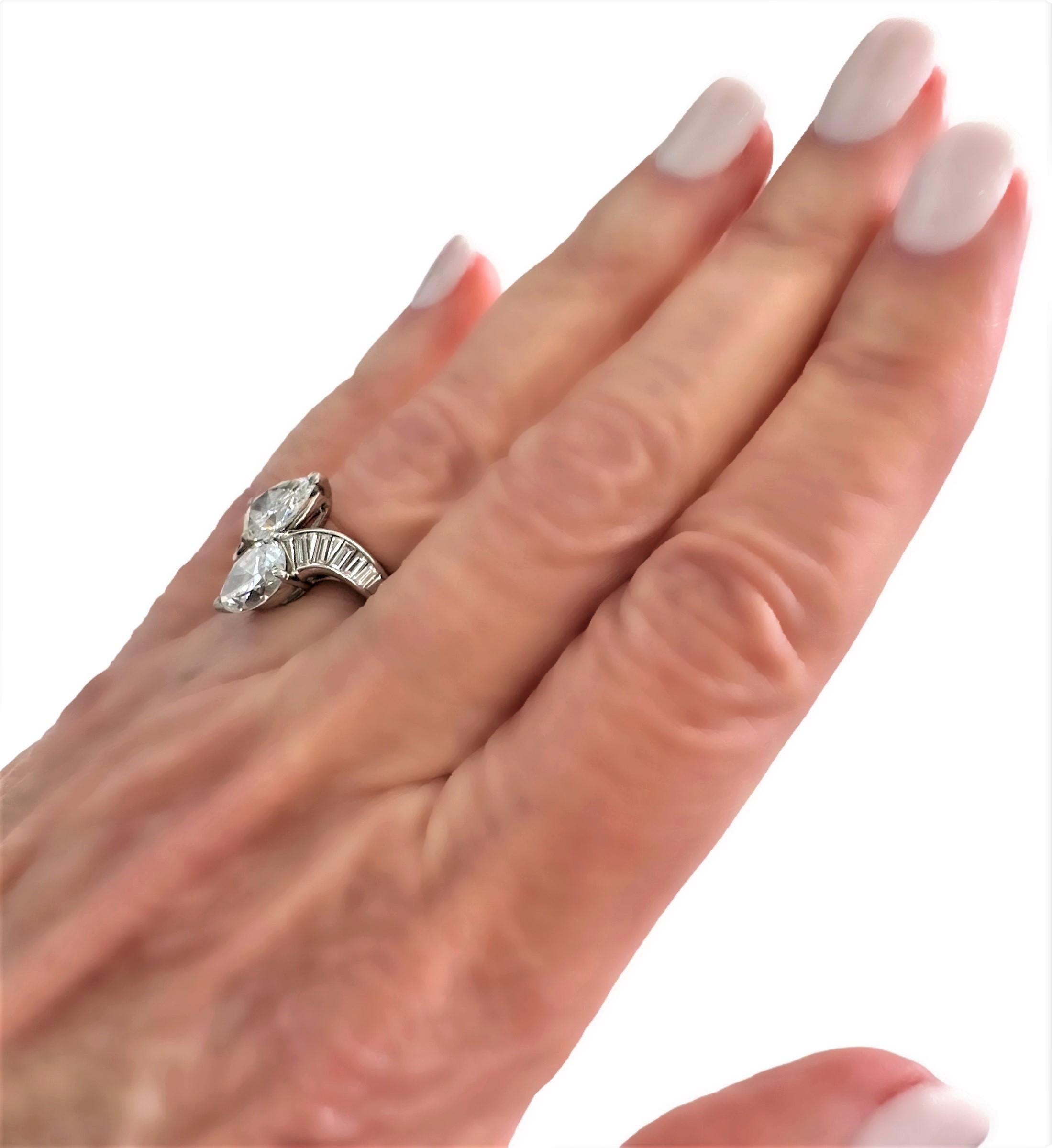 Elegant Mid-20th Century Bypass Ring of E Color VS1 Clarity Pear Shape Diamonds 9