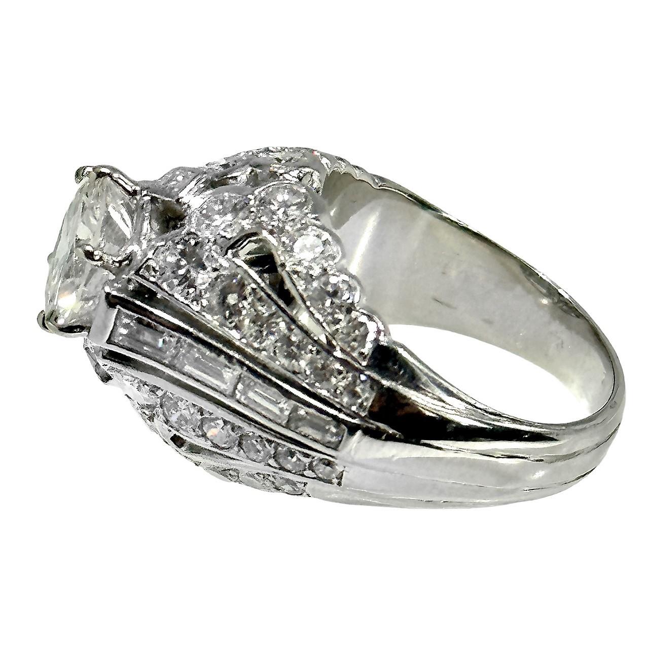 Modern Elegant Mid-20th Century French Platinum Diamond Solitaire Ring 1.98ct Center  For Sale