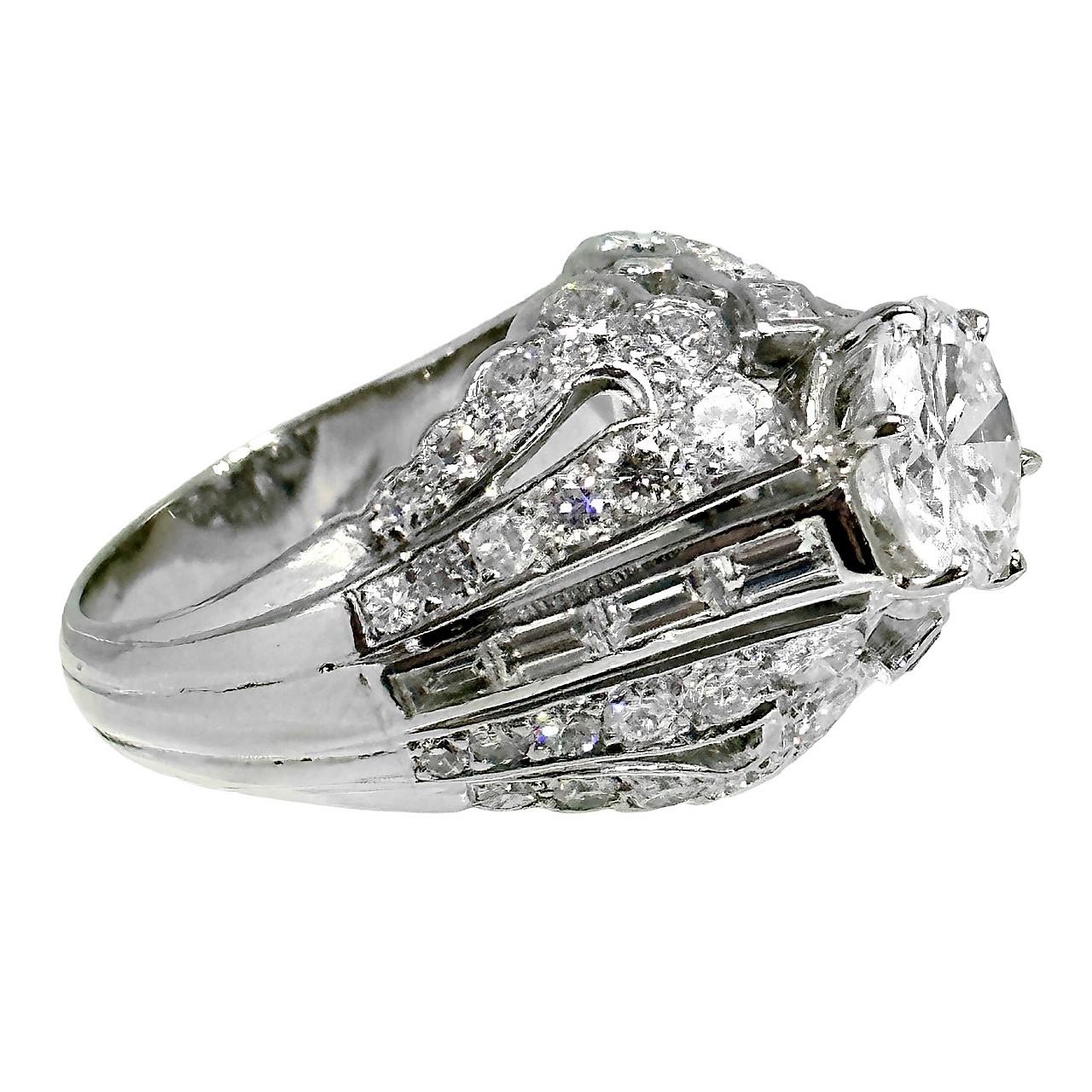 Elegant Mid-20th Century French Platinum Diamond Solitaire Ring 1.98ct Center  In Good Condition For Sale In Palm Beach, FL