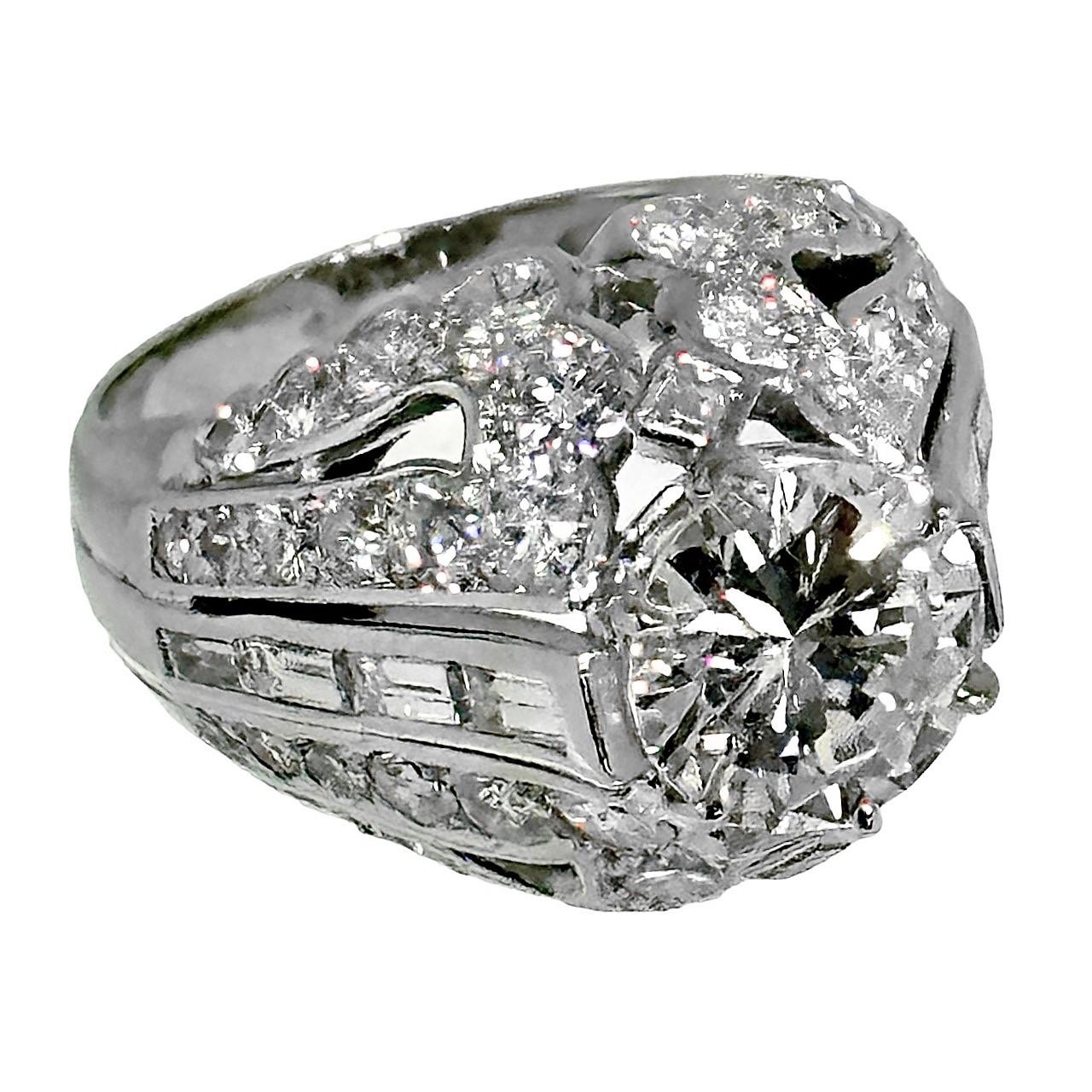 Women's Elegant Mid-20th Century French Platinum Diamond Solitaire Ring 1.98ct Center  For Sale