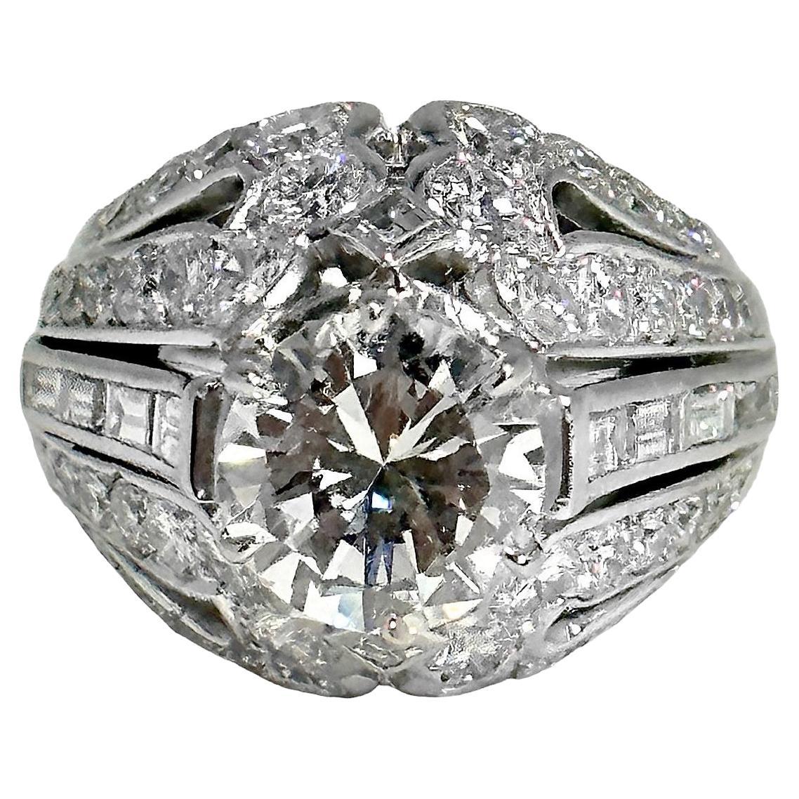 Elegant Mid-20th Century French Platinum Diamond Solitaire Ring 1.98ct Center  For Sale