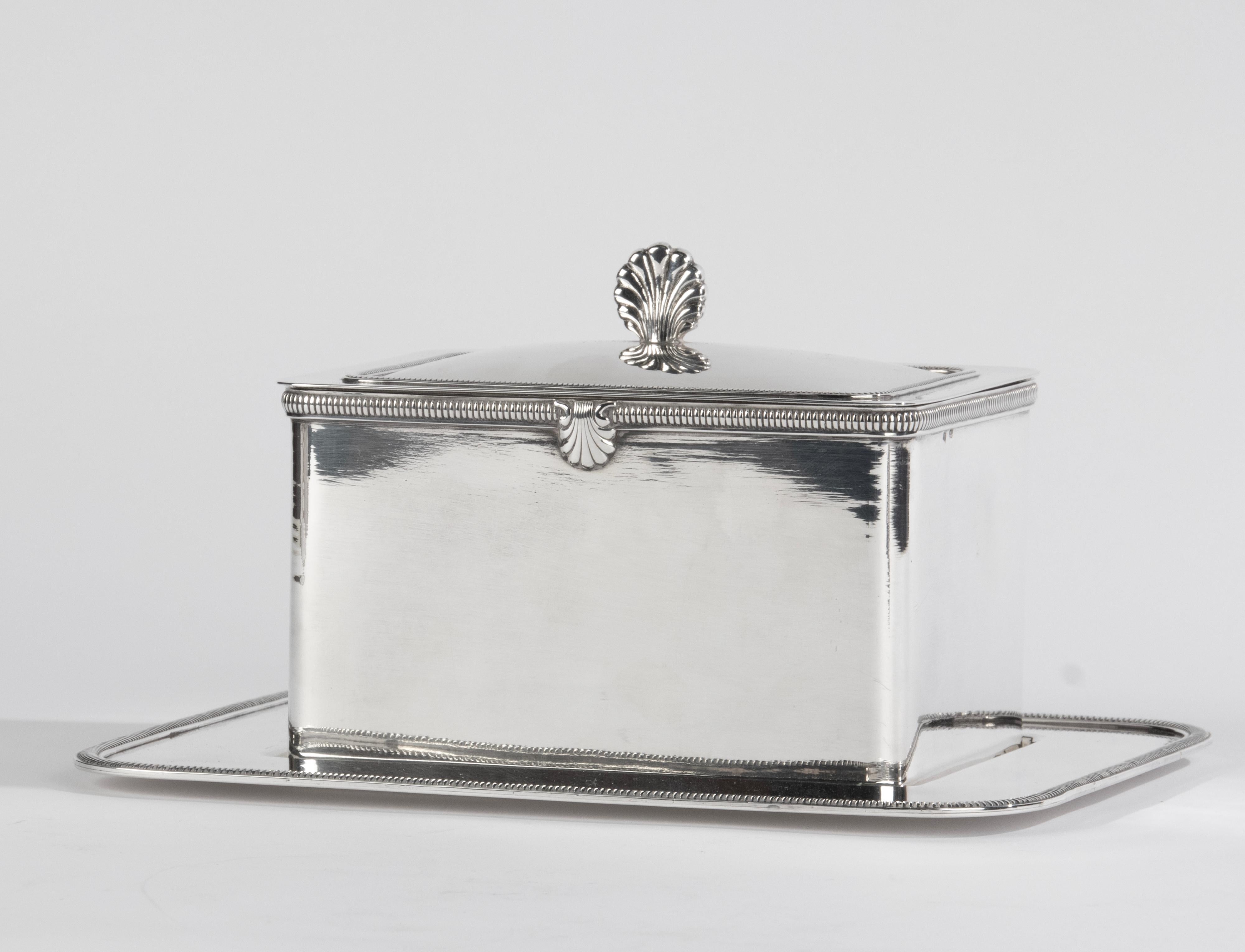 Elegant Mid 20th Century Silver Plated Biscuit Barrel on Tray  For Sale 8