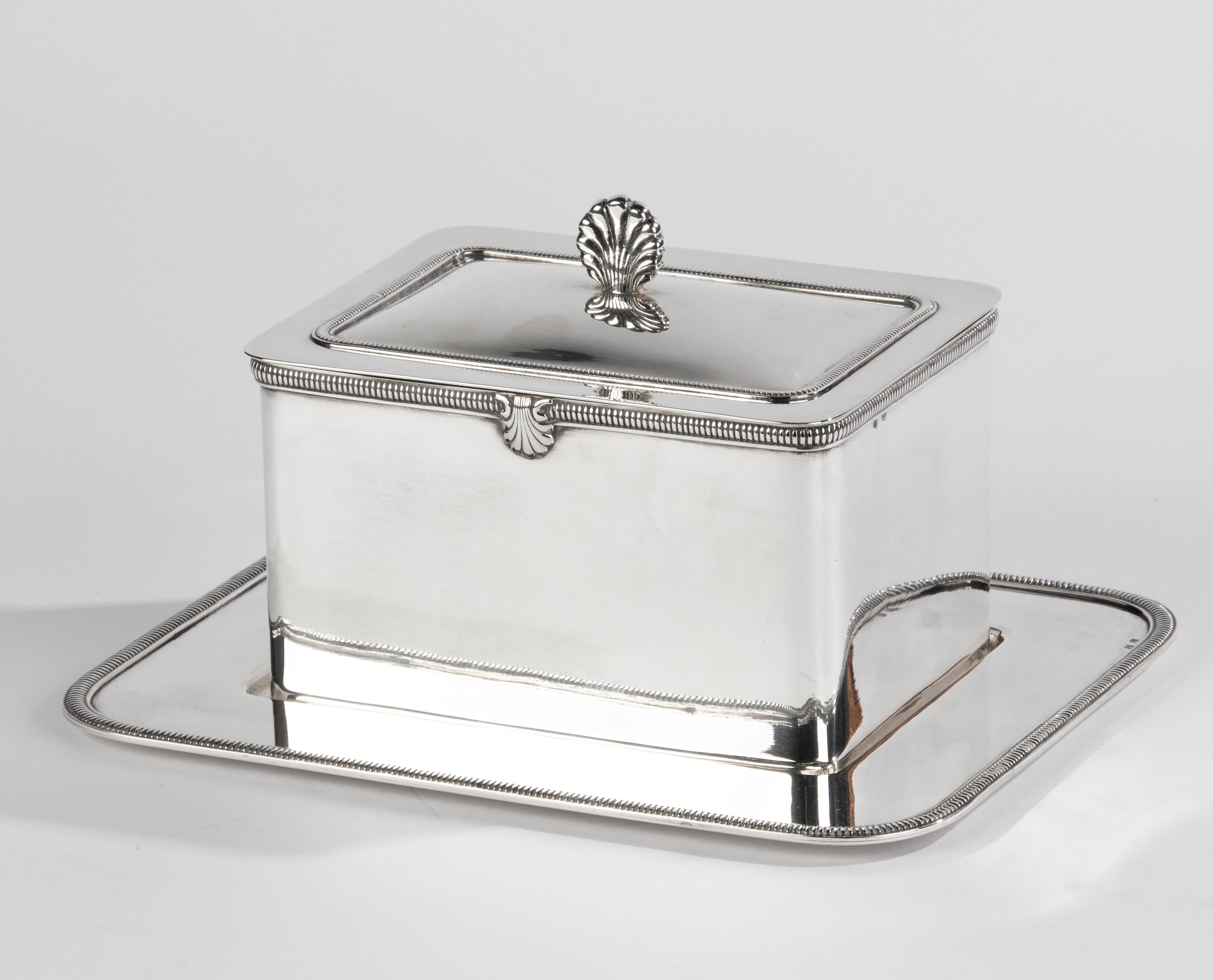 French Elegant Mid 20th Century Silver Plated Biscuit Barrel on Tray  For Sale