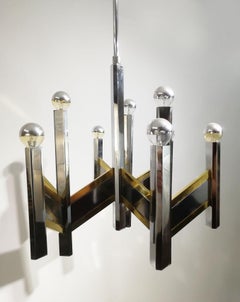 Elegant Midcentury Chrome and Brass Geometric Sciolari Chandelier