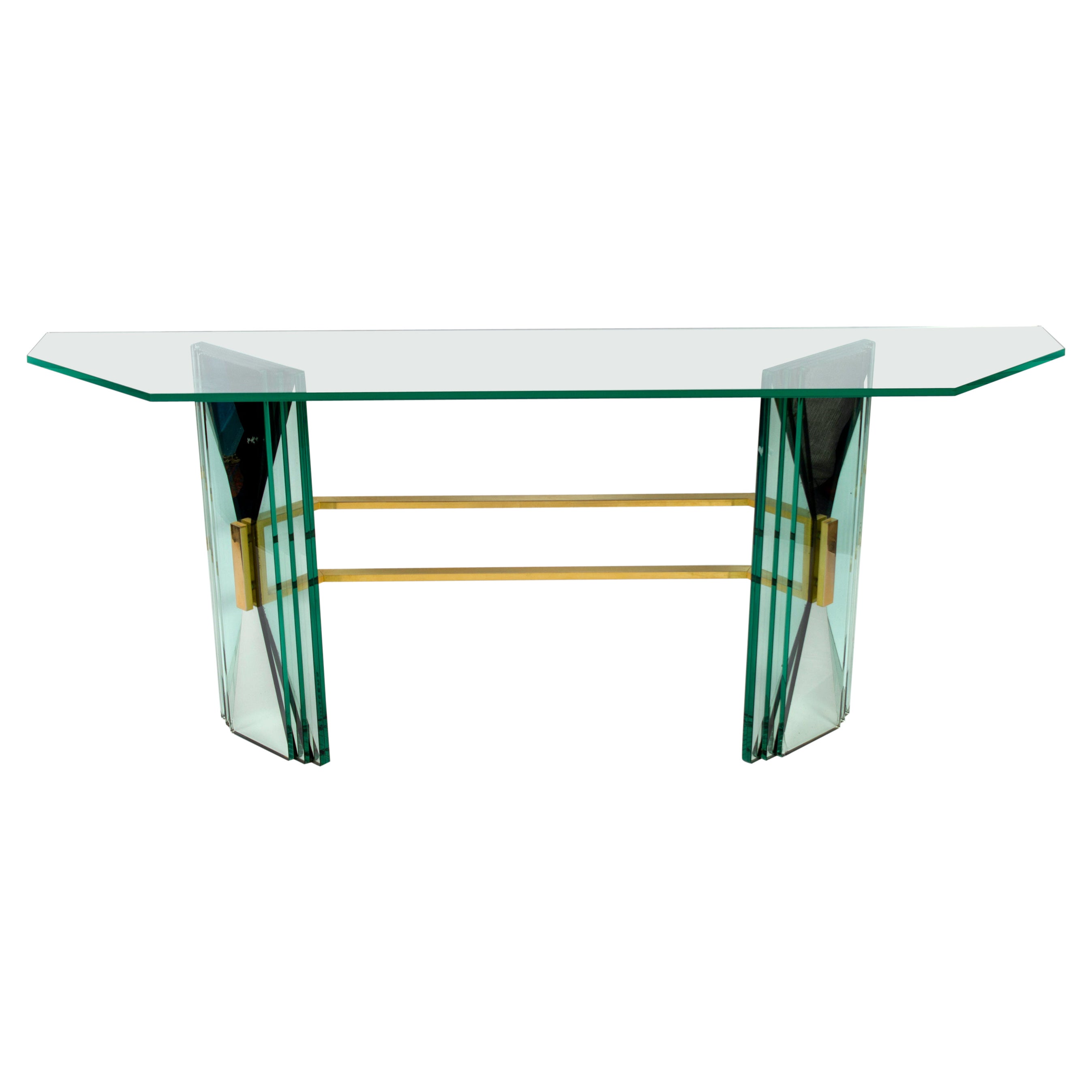 Elegante Mesa Consola de Mitad de Siglo con Soporte de Latón Attr. a Fontana Arte