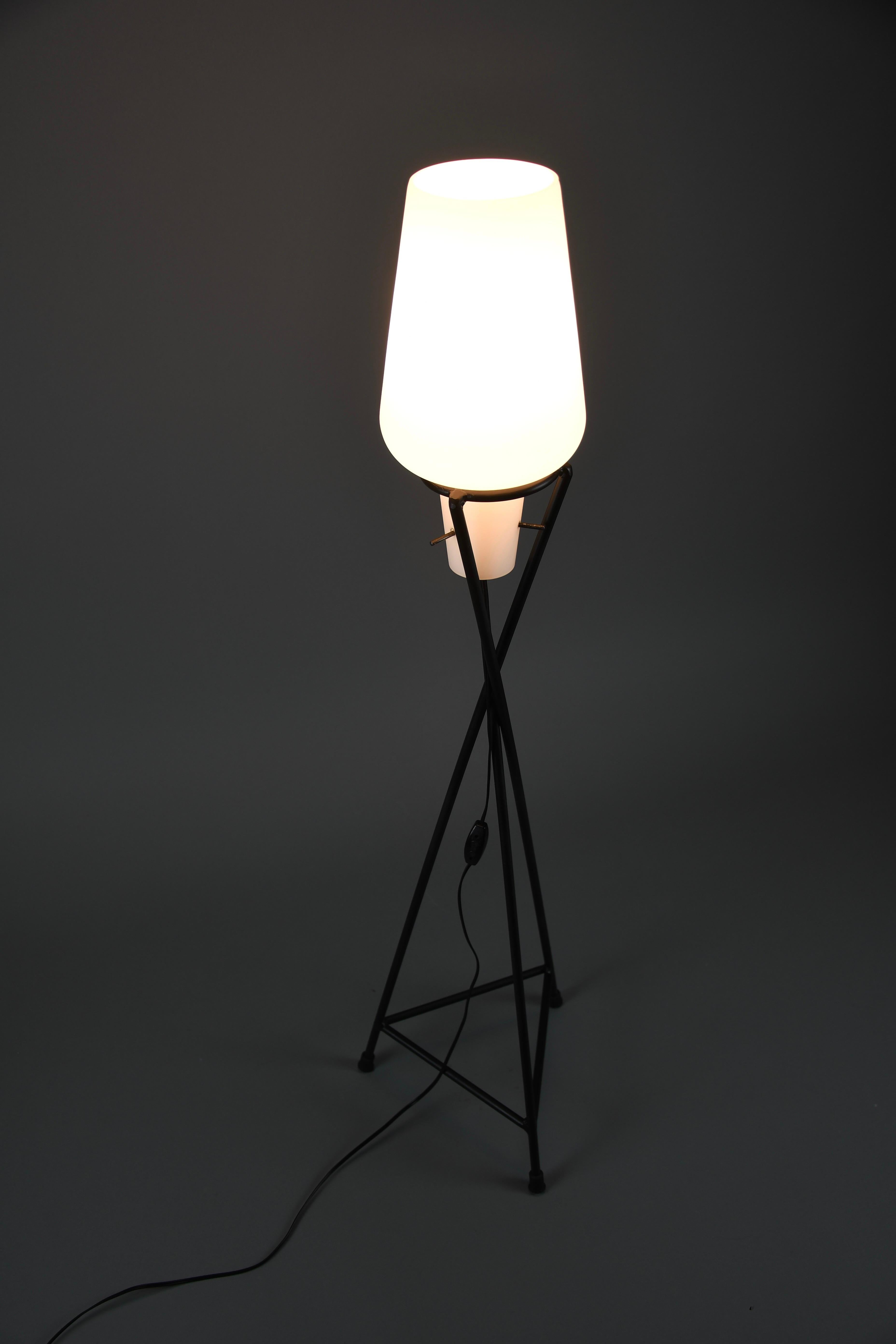 Elegant Mid-Century Floor Lamp – Black Painted Iron Lamp with Milk-Glass Shade For Sale 4