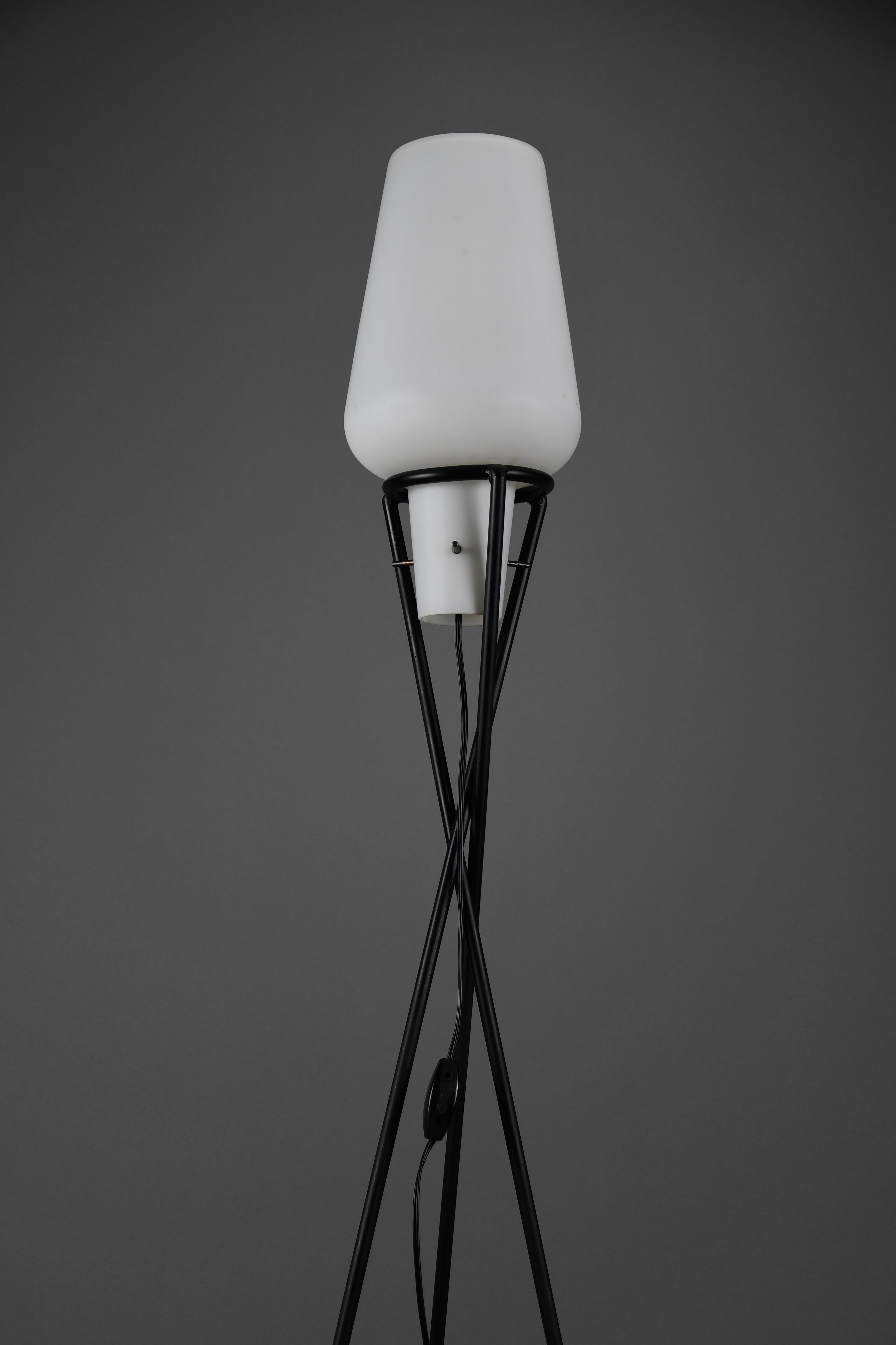 Mid-Century Modern Elegant Mid-Century Floor Lamp – Black Painted Iron Lamp with Milk-Glass Shade For Sale