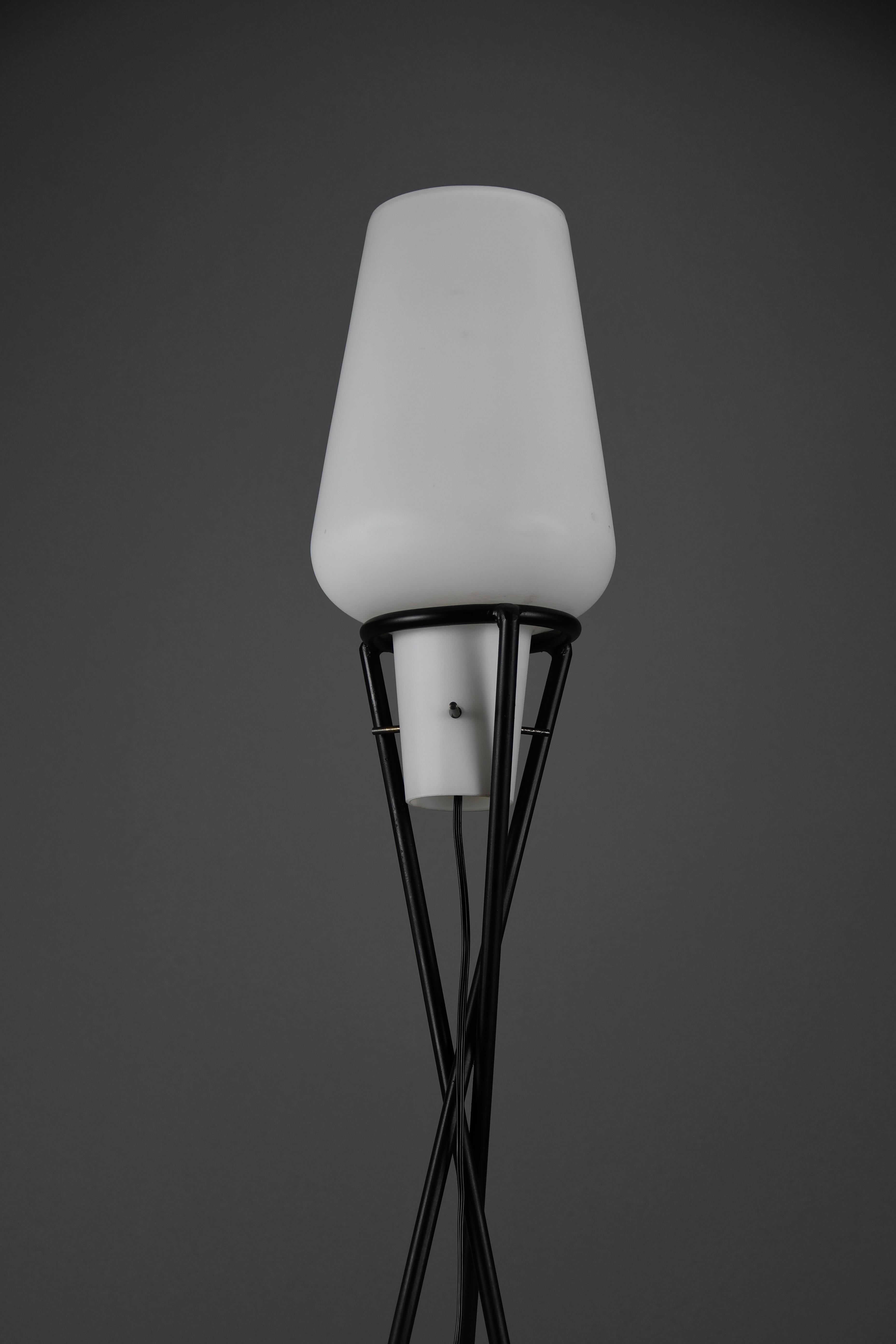 Italian Elegant Mid-Century Floor Lamp – Black Painted Iron Lamp with Milk-Glass Shade For Sale