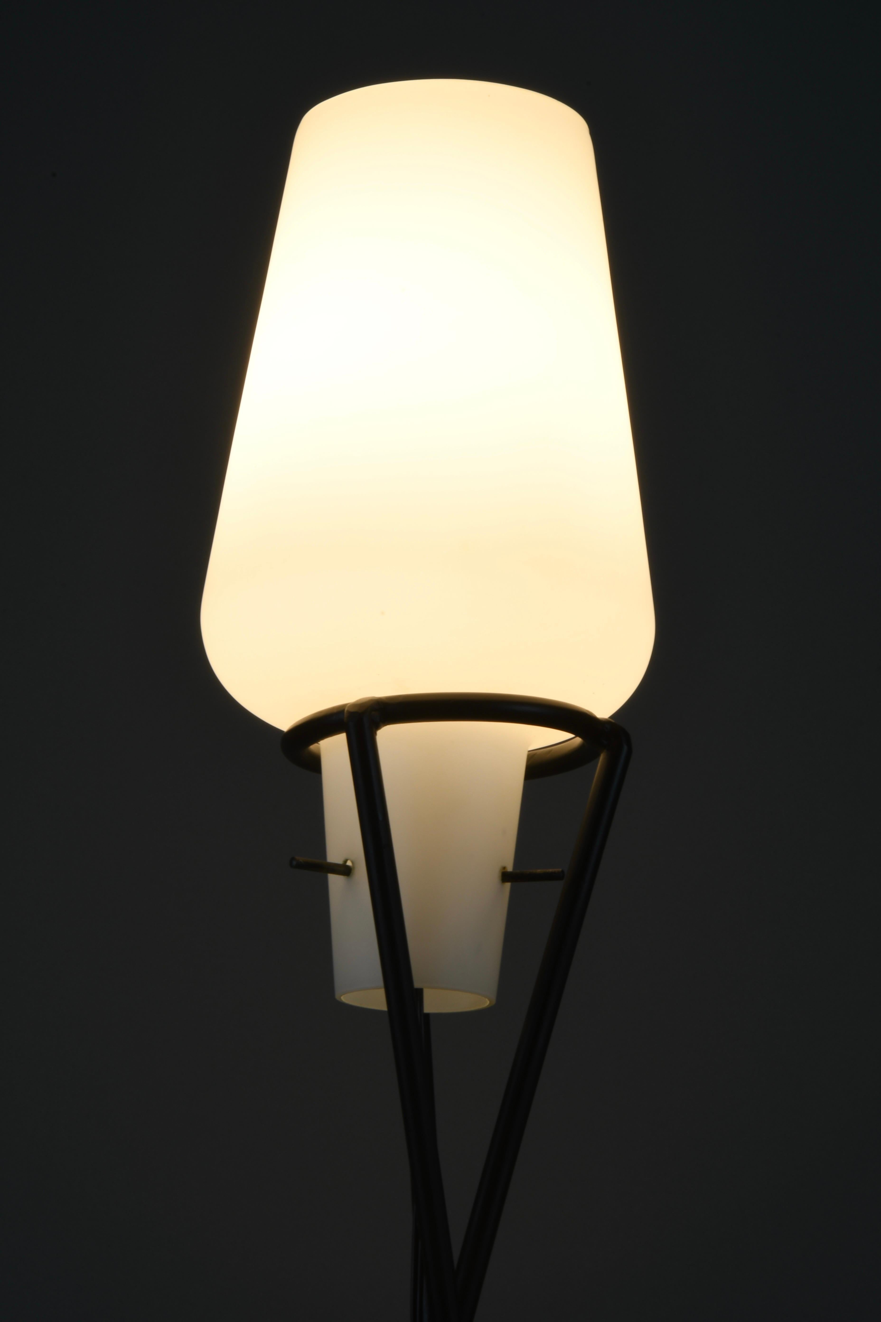 Metal Elegant Mid-Century Floor Lamp – Black Painted Iron Lamp with Milk-Glass Shade For Sale