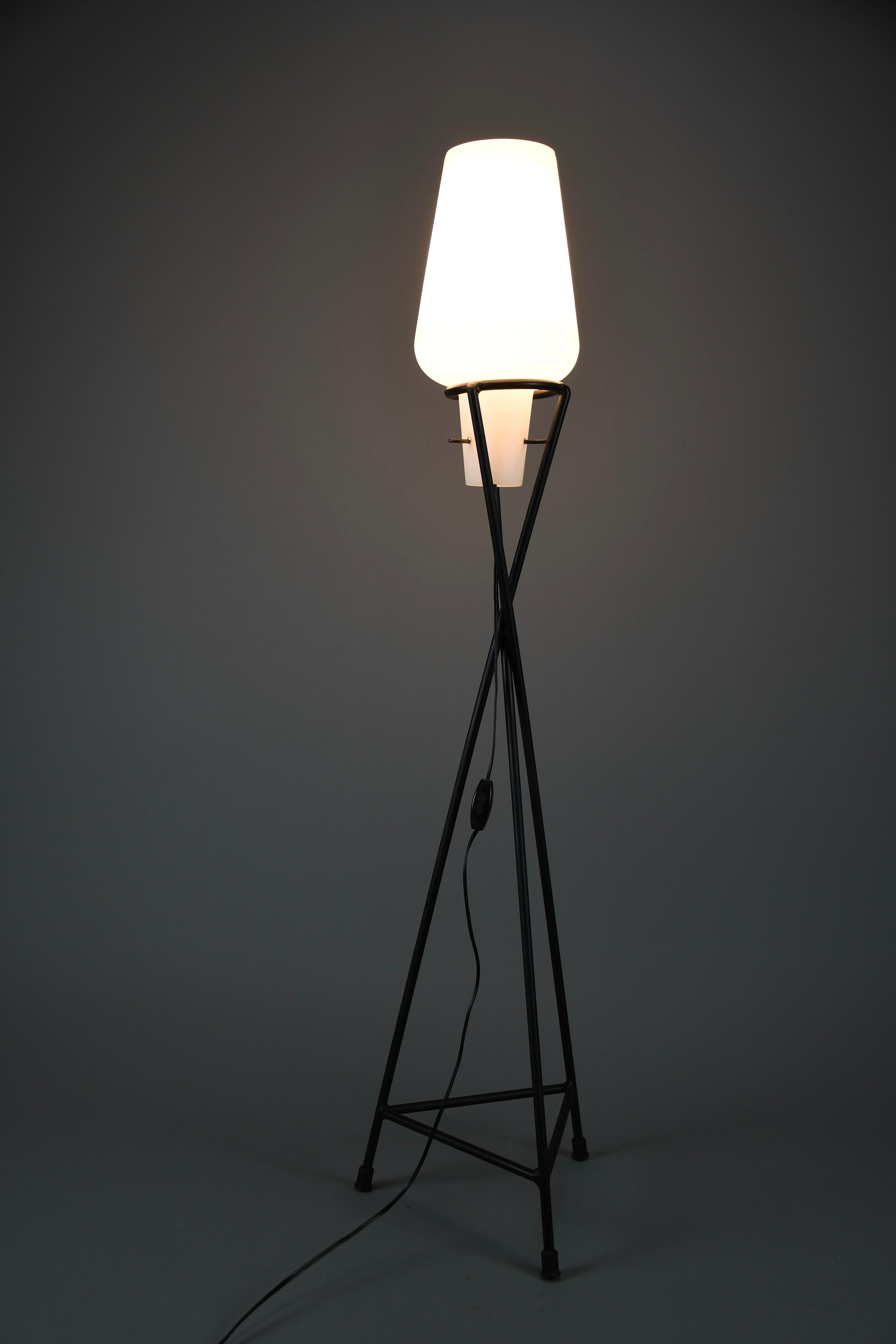 Elegant Mid-Century Floor Lamp – Black Painted Iron Lamp with Milk-Glass Shade For Sale 2