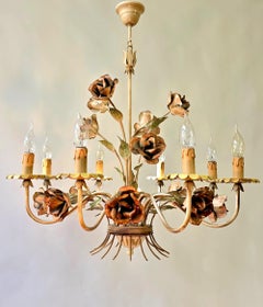 OnElegant Mid-Century Italian Toleware Floral Chandelier with Hand-Painted Roses