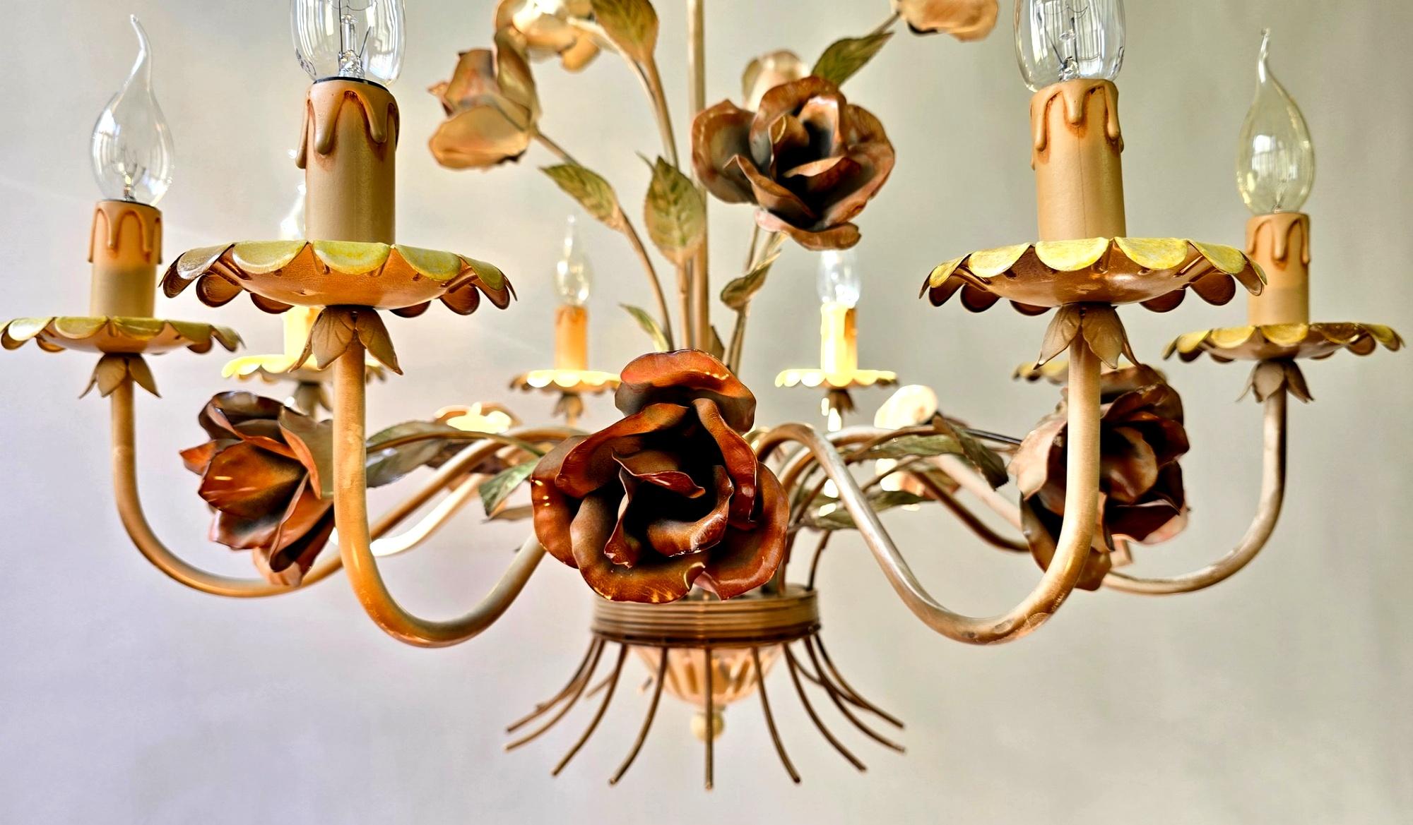 Country OnElegant Mid-Century Italian Toleware Floral Chandelier with Hand-Painted Roses For Sale