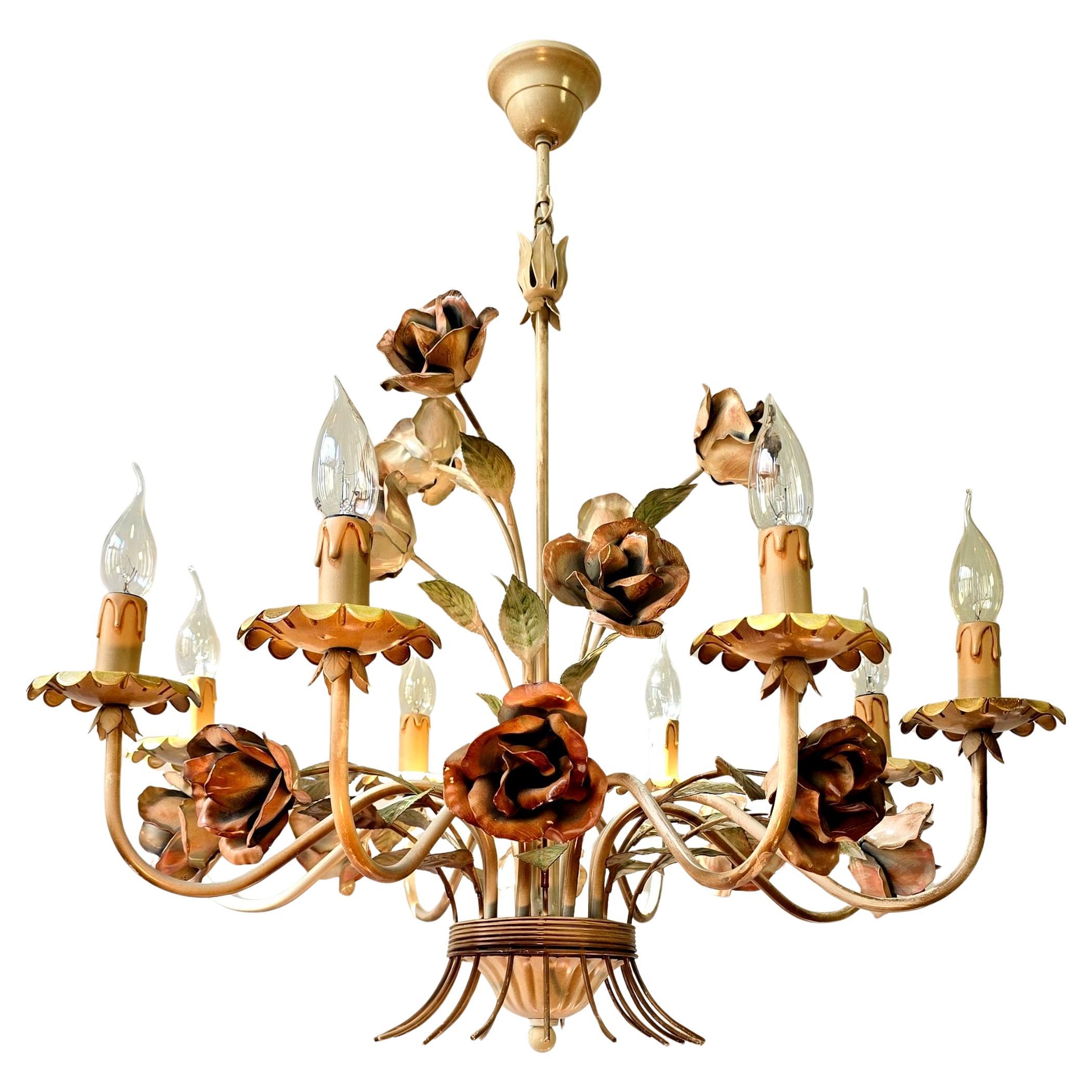 OnElegant Mid-Century Italian Toleware Floral Chandelier with Hand-Painted Roses For Sale
