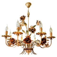 OnElegant Mid-Century Italian Toleware Floral Chandelier with Hand-Painted Roses