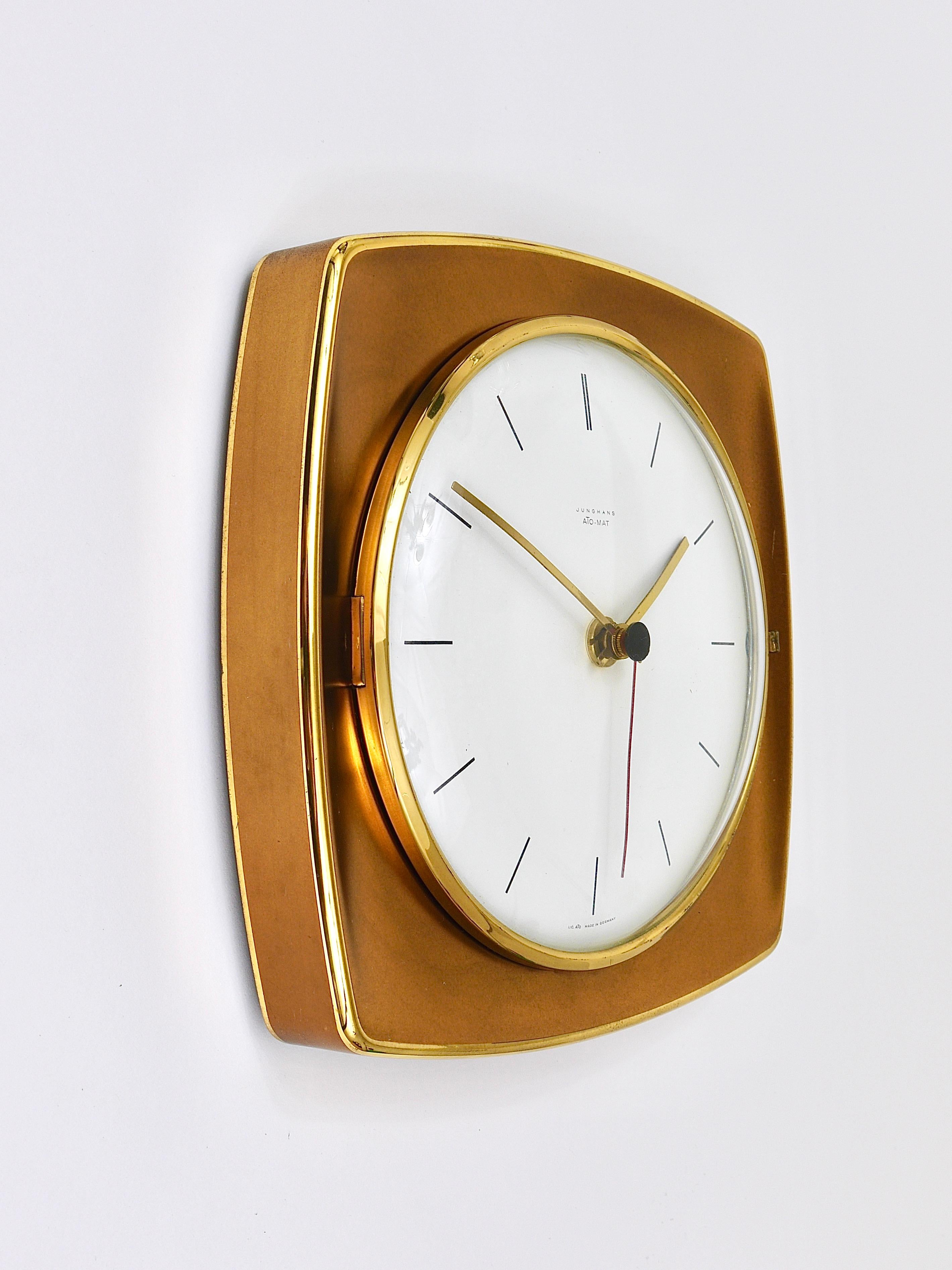 Metal Elegant Mid-Century Junghans Ato-Mat Gold Brass Wall Clock, Germany, 1950s For Sale