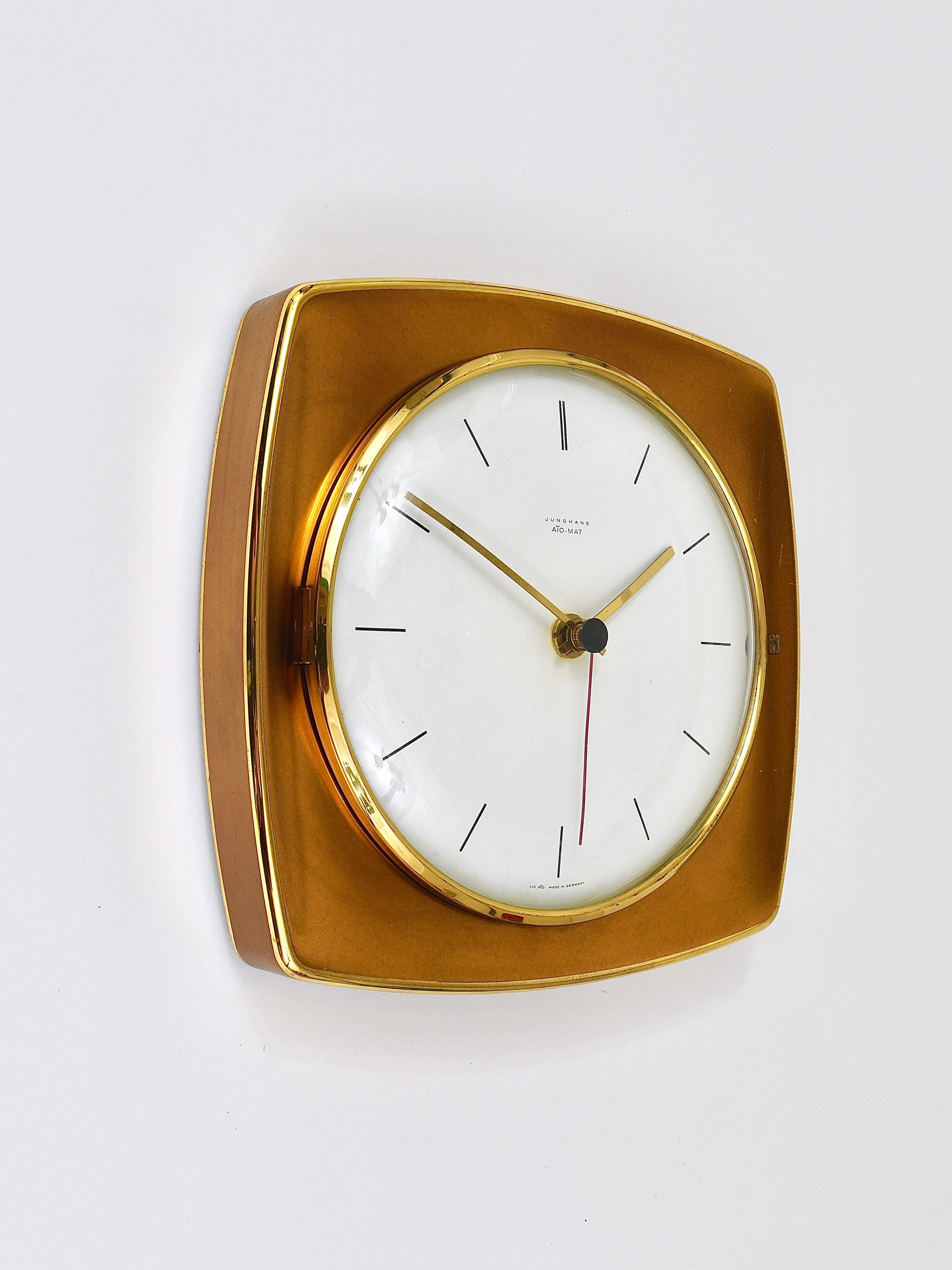 Mid-Century Modern Elegant Mid-Century Junghans Ato-Mat Gold Brass Wall Clock, Germany, 1950s For Sale