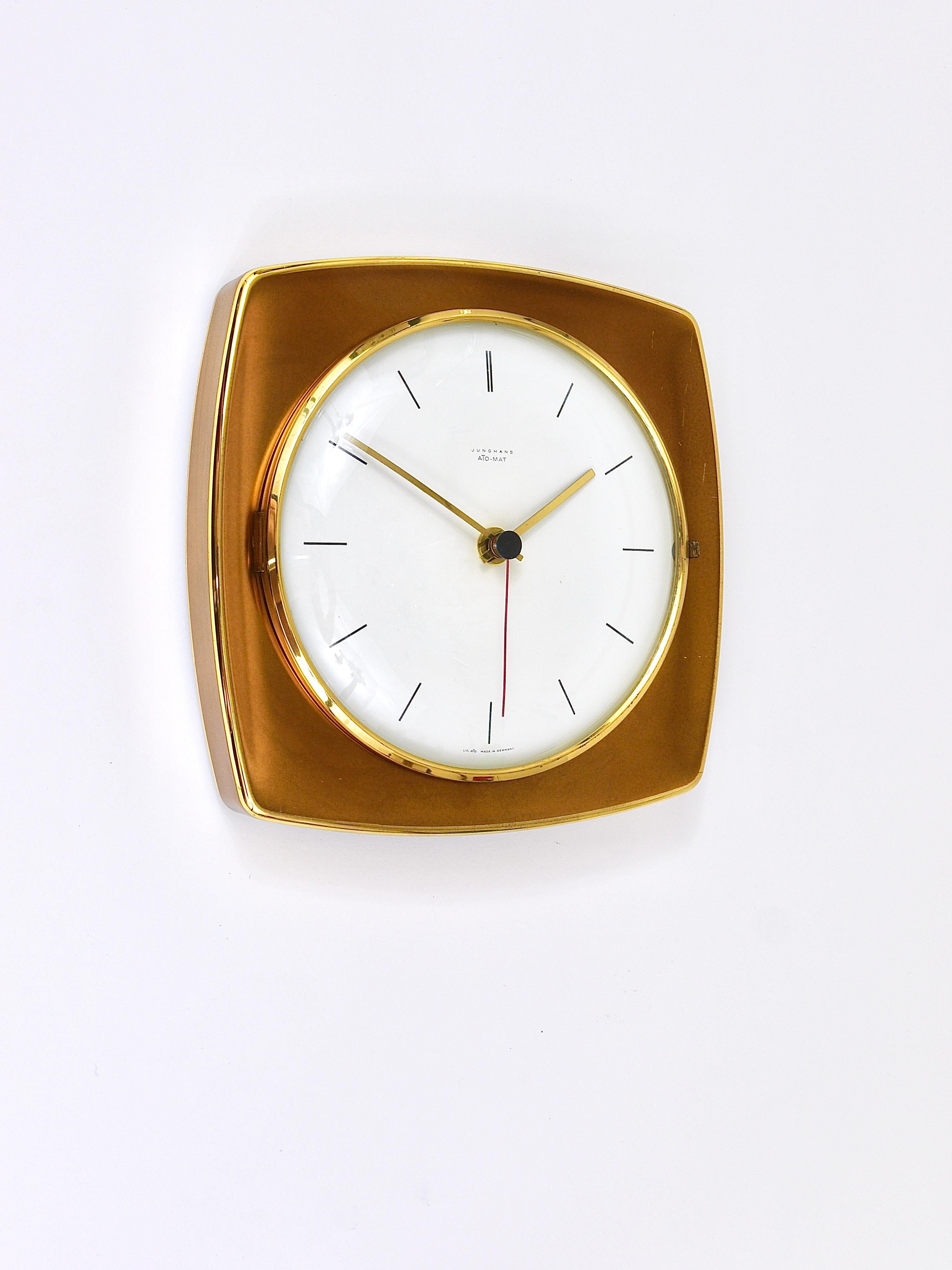 Polished Elegant Mid-Century Junghans Ato-Mat Gold Brass Wall Clock, Germany, 1950s For Sale