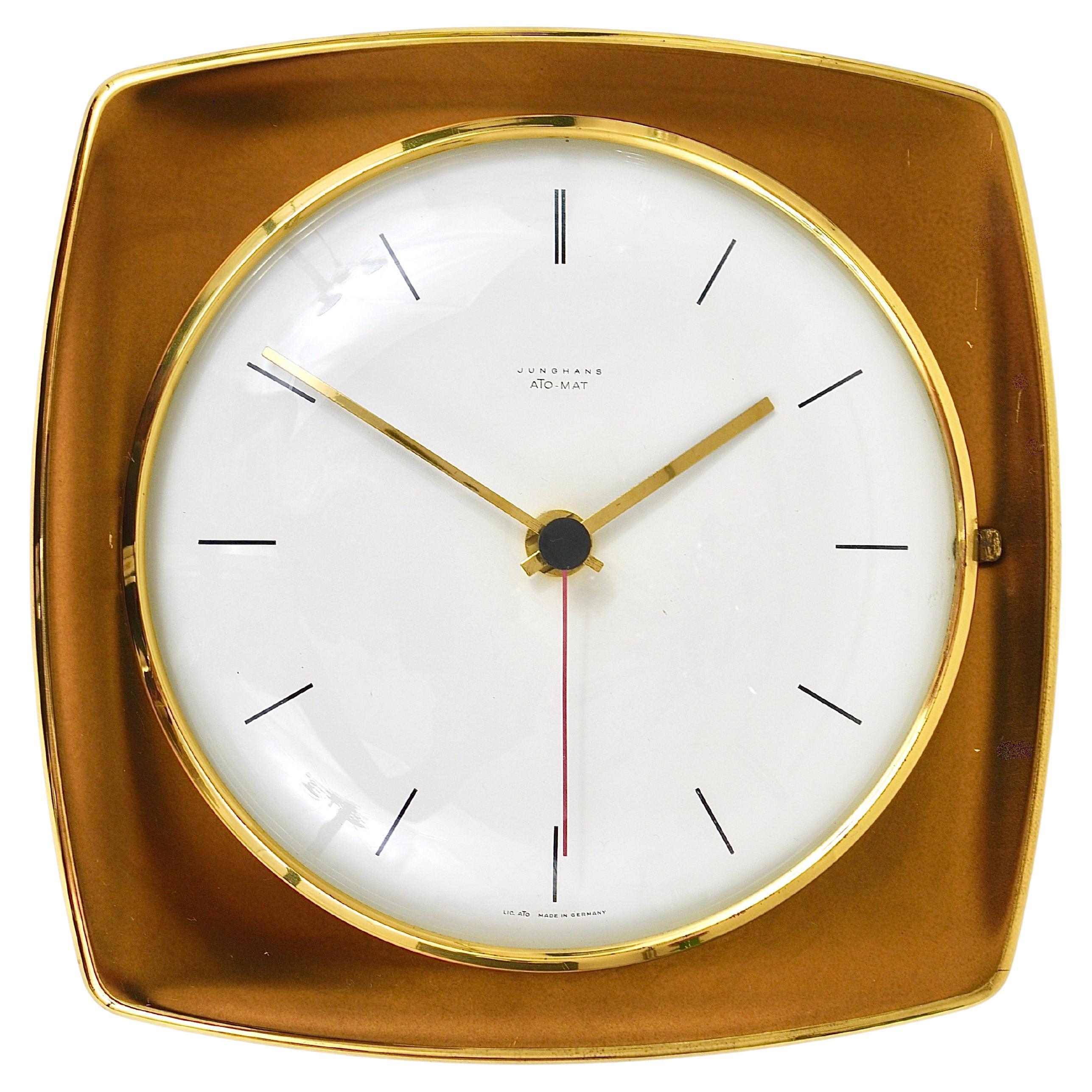Elegant Mid-Century Junghans Ato-Mat Gold Brass Wall Clock, Germany, 1950s