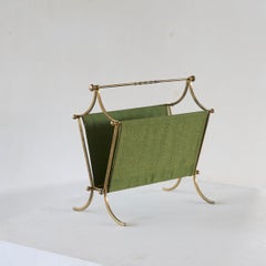 Elegant Mid Century Magazine Rack in Patinated Brass and Green Fabric
