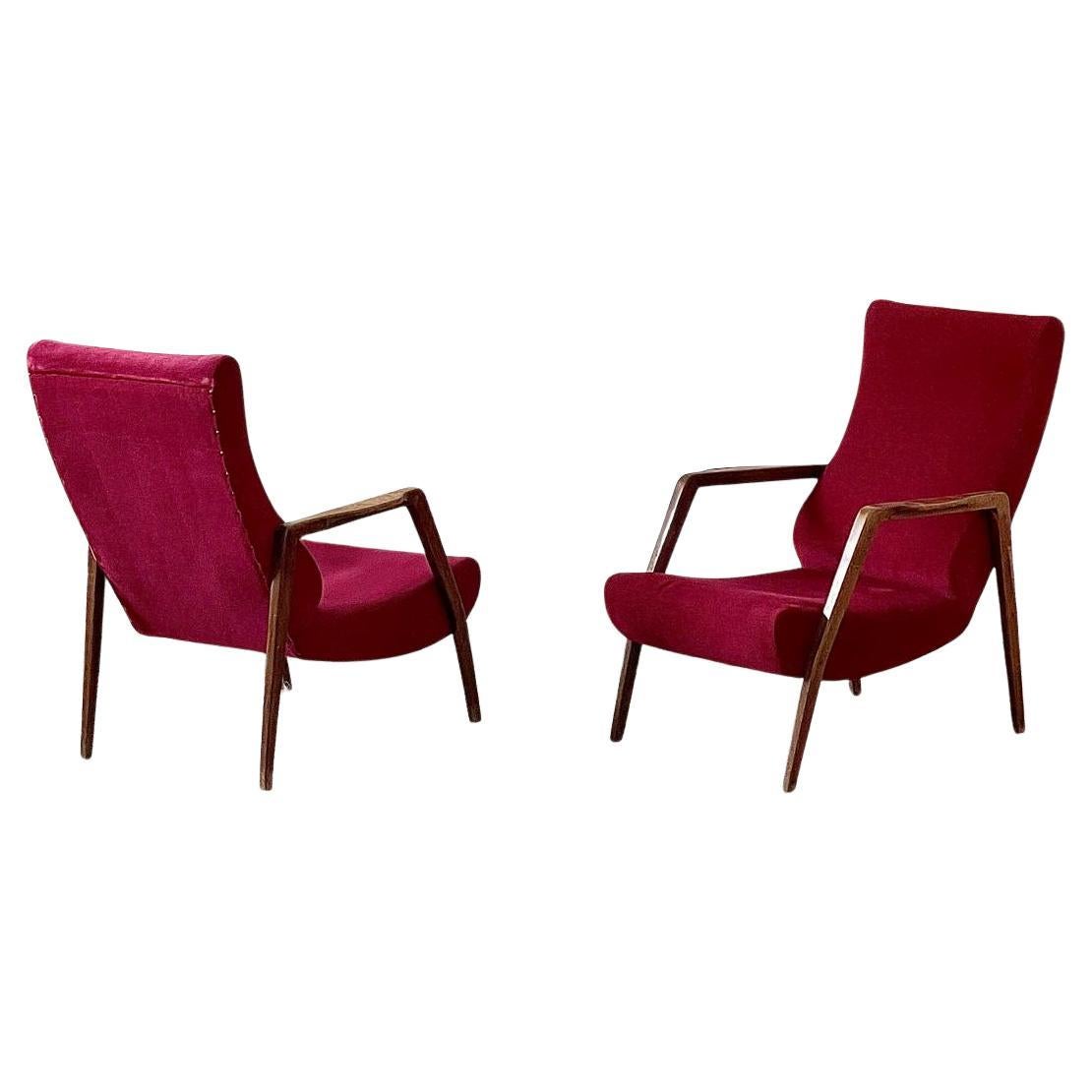 Eleganza delle poltrone moderne di metà secolo in Wood, sedute in tessuto rossastro anni
60