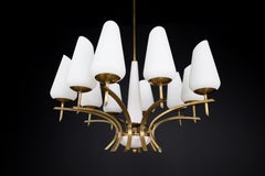 Elegant Mid-Century Modern Brass and Opaline Glass Chandelier, France, 1950s