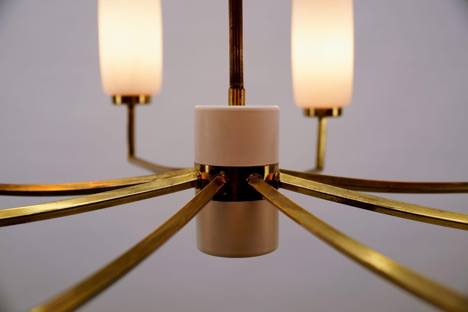 Elegant Mid-Century Modern Brass, Metal Ceiling Lamp and 8 Opaline Shades, 1950s 7